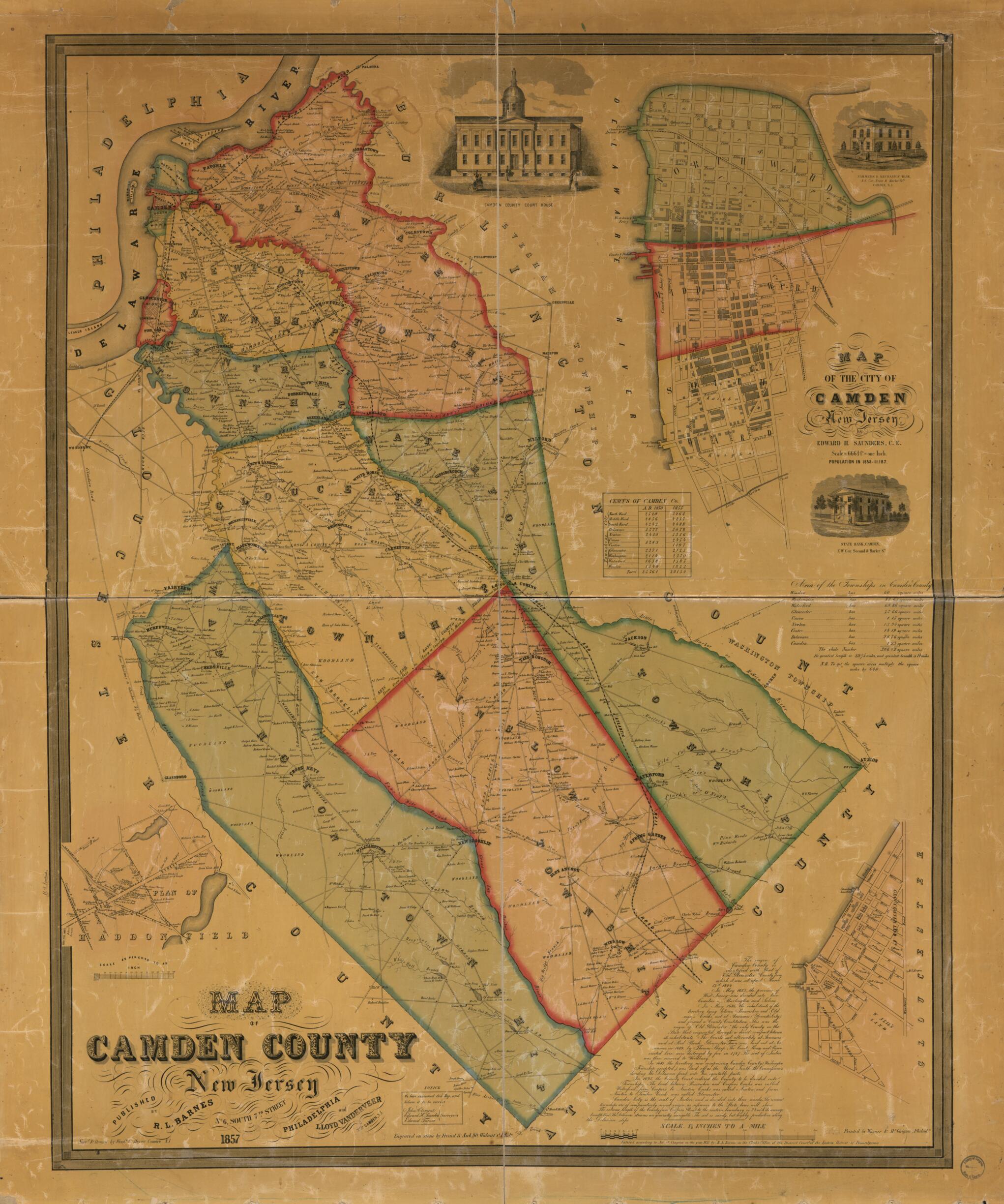 This old map of Map of Camden County, New Jersey from 1857 was created by Rufus L. Barnes,  Friend &amp; Aub, Frederick Carles Merry, Edward H. Saunders, Lloyd Vanderveer,  Wagner &amp; M&