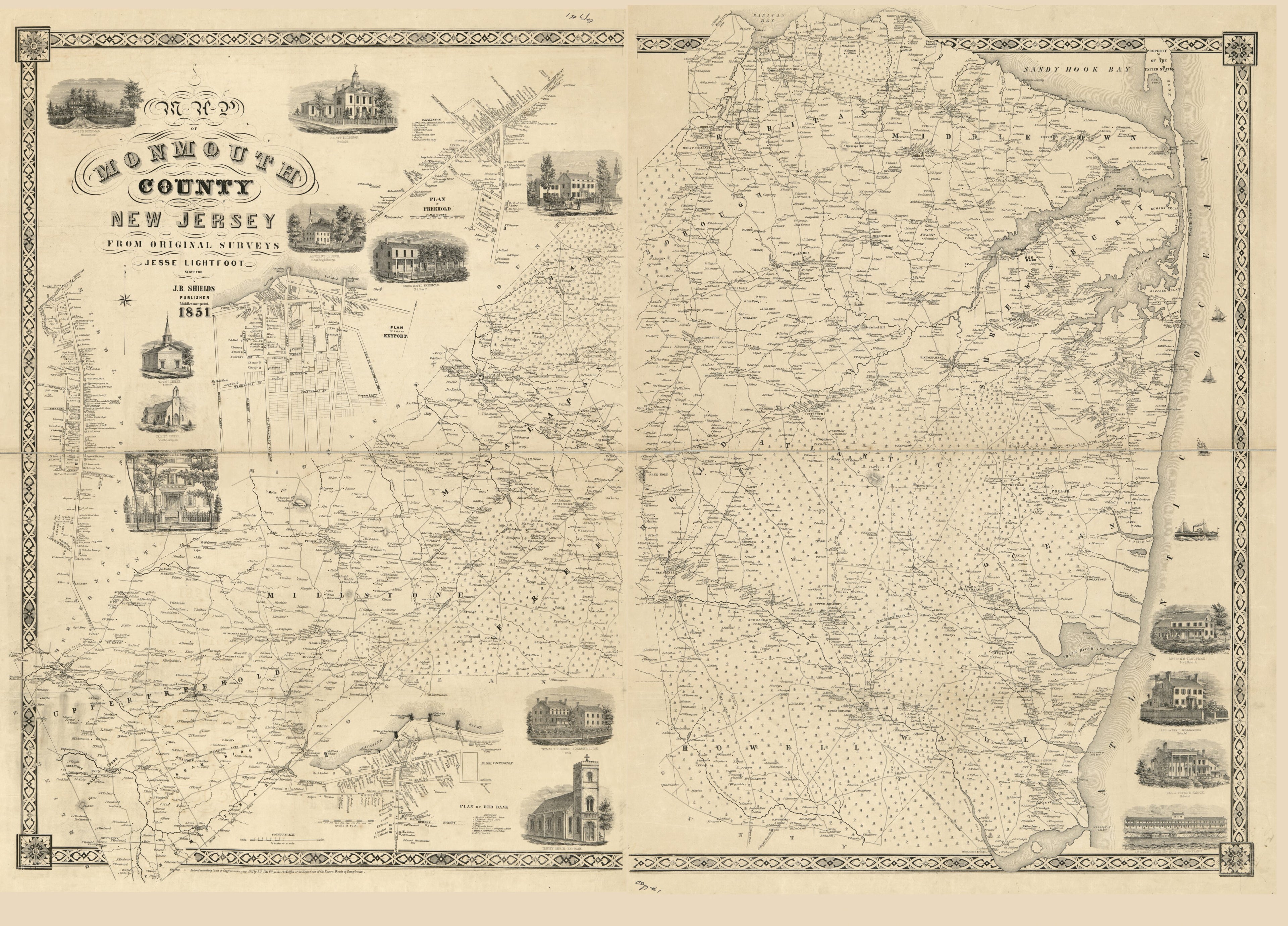 This old map of Map of Monmouth County, New Jersey : from Original Surveys from 1851 was created by Jesse Lightfoot, J. B. Shields, Robert Pearsall Smith in 1851
