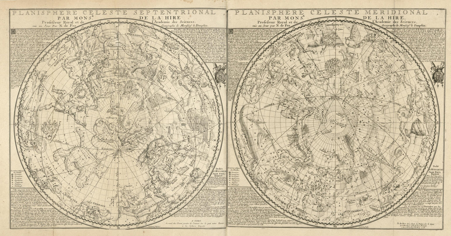 This old map of Planisphere Celeste Septentrional ; Planisphere Celeste Meridional (Planisphere Celeste Meridional) from 1705 was created by Nicolas De Fer, Philippe De La Hire in 1705