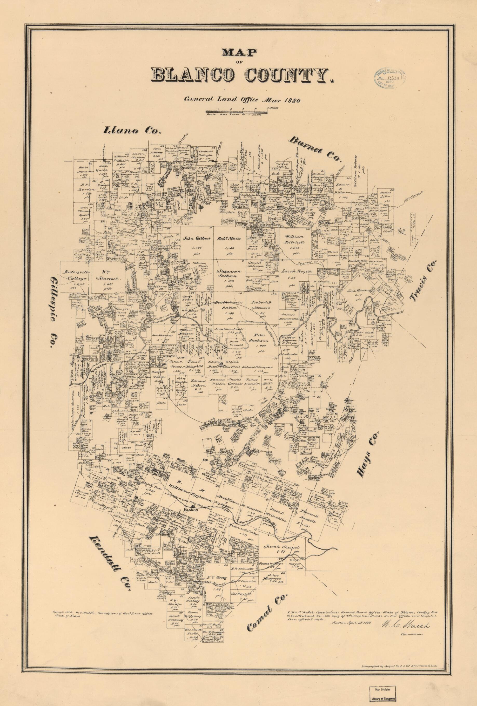 This old map of Map of Blanco County / General Land Office Mar from 1880 was created by  August Gast &amp; Co,  Texas. General Land Office, W. C. (William C.) Walsh in 1880