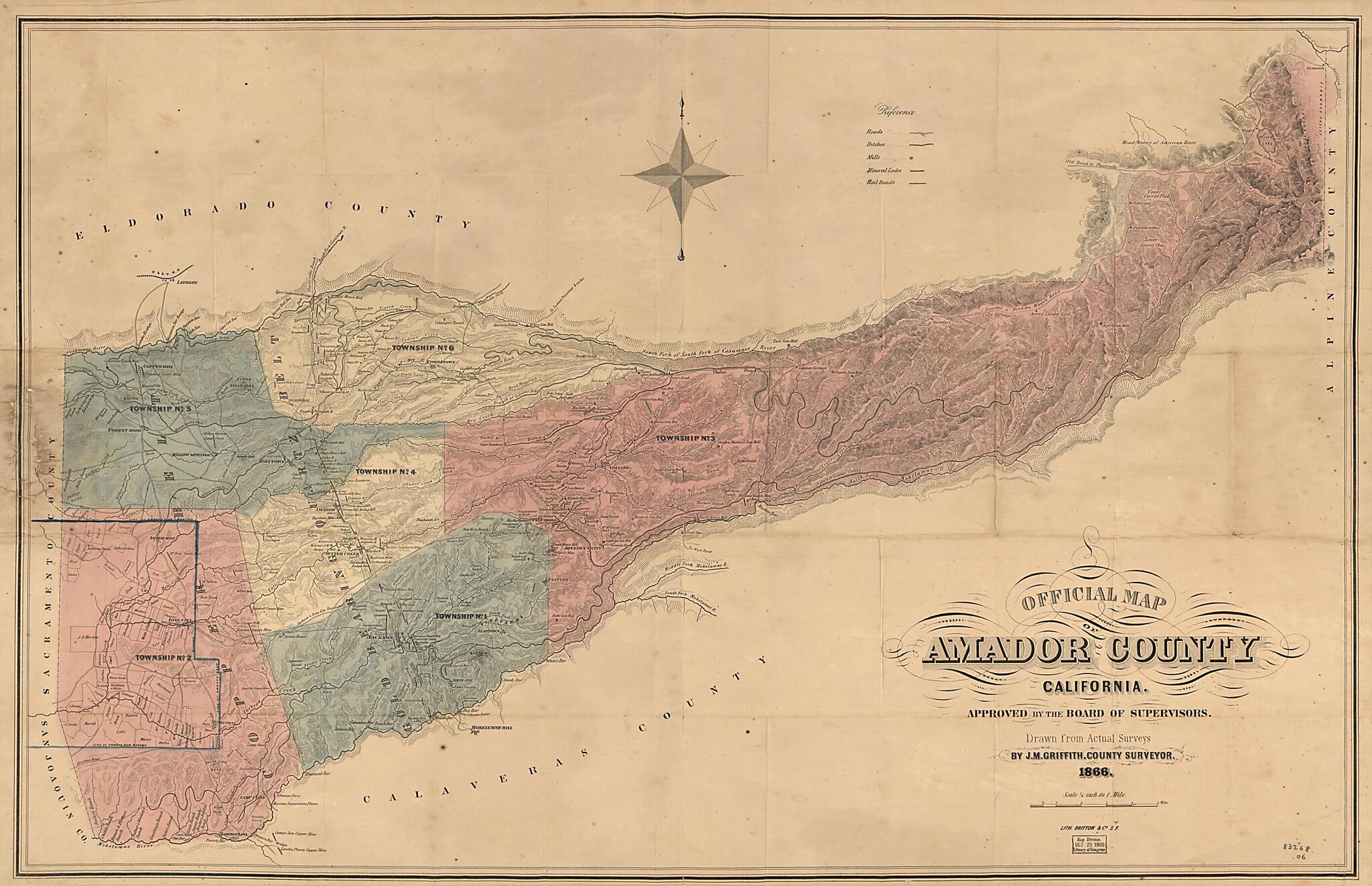 This old map of Official Map of Amador County, California. : Approved by the Board of Supervisors from 1866 was created by  Britton &amp; Co, J. M. Griffith in 1866