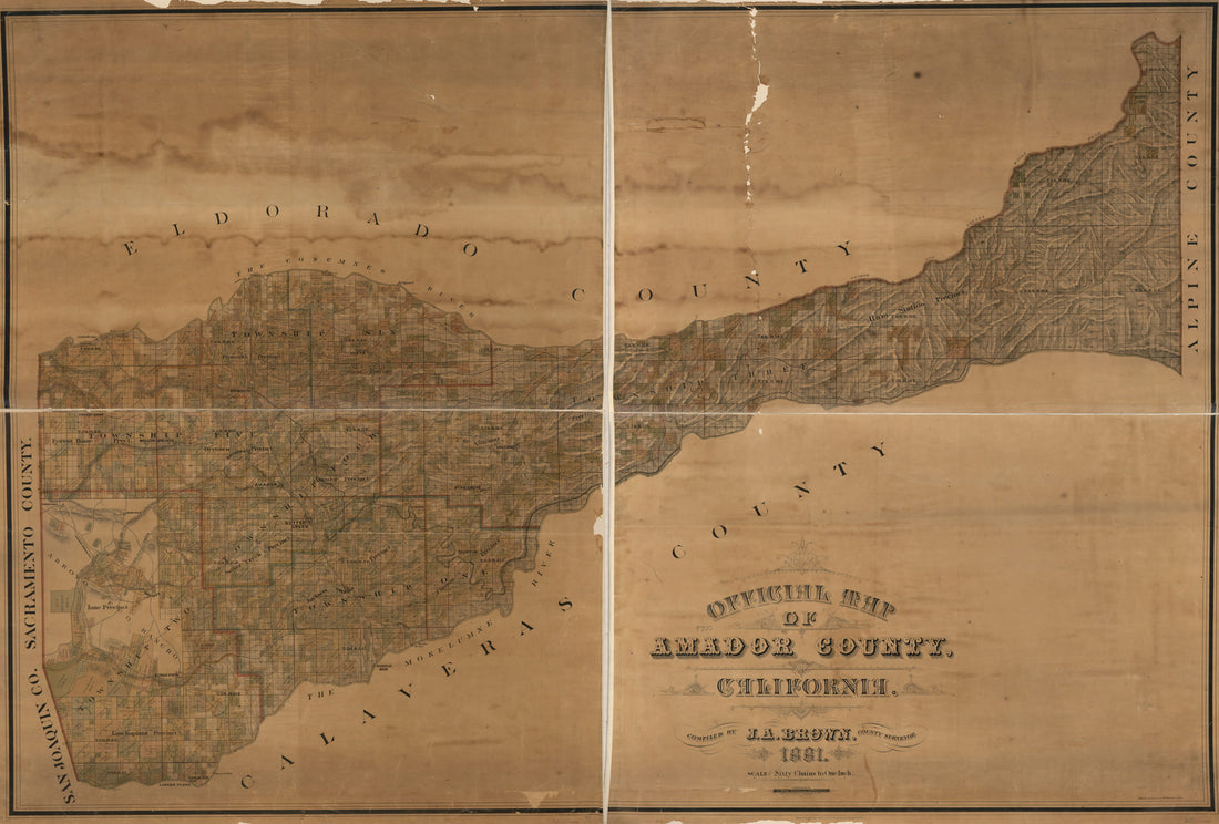 This old map of Official Map of Amador County, California from 1881 was created by  Bosqui Eng. &amp; Print. Co, J. A. (John A.) Brown, W. Vallance Gray in 1881