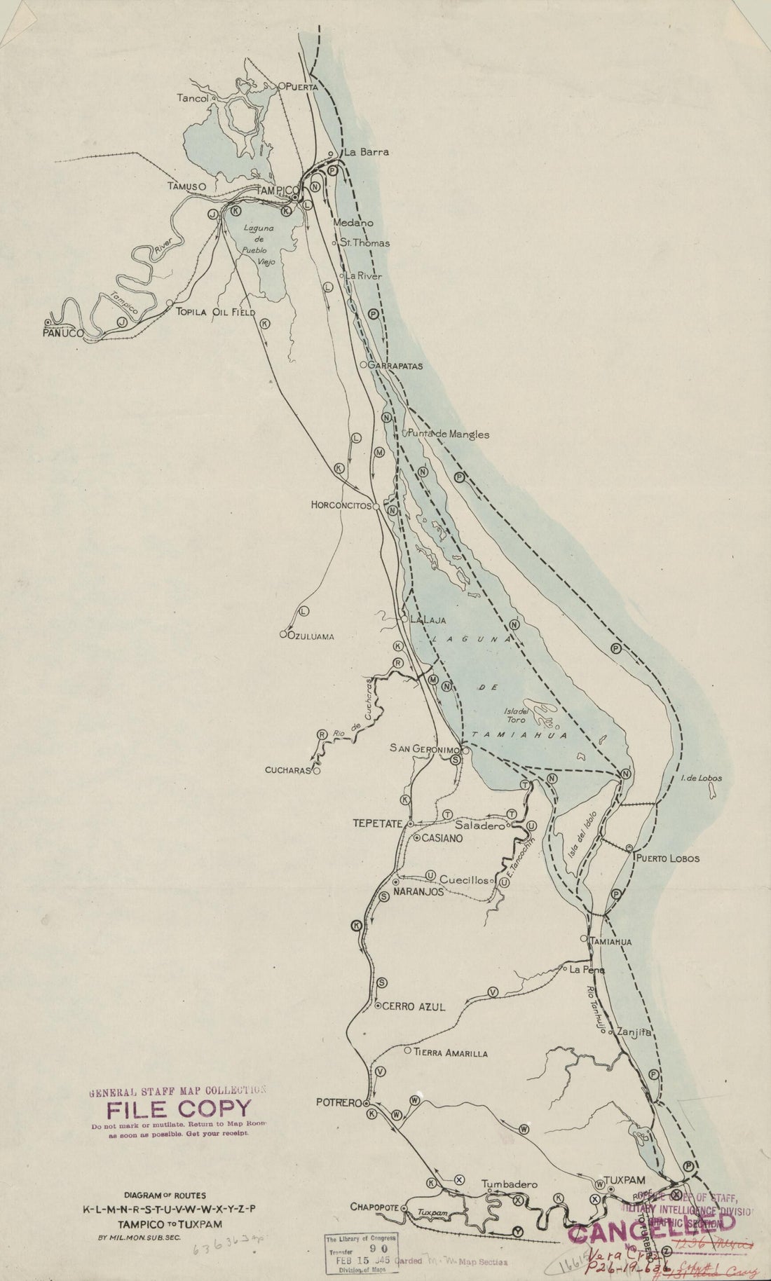 This old map of L-M-N-R-S-T-U-V-W-X-Y-Z-P, Tampico to Tuxpam. (Diagram of Routes K, L, M, N, R, S,T, U, V, W, X, Y, Z, P, Tampico to Tuxpam) from 1919 was created by  in 1919