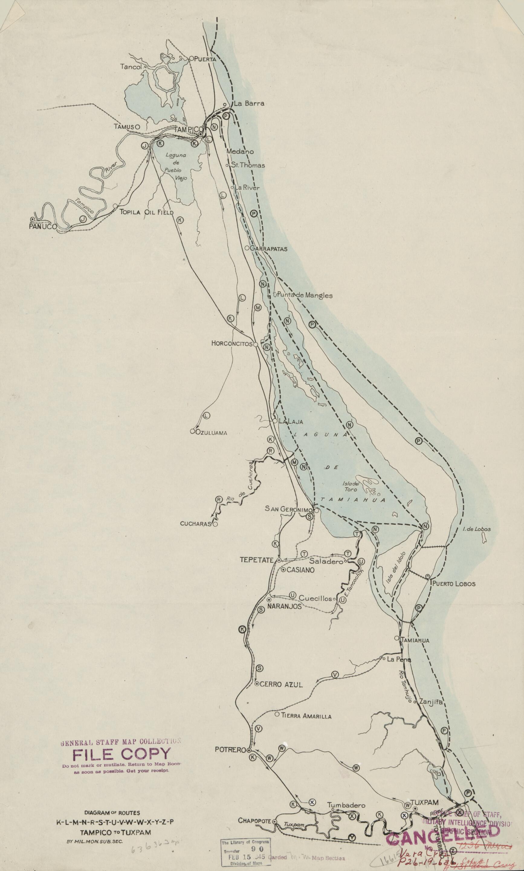 This old map of L-M-N-R-S-T-U-V-W-X-Y-Z-P, Tampico to Tuxpam. (Diagram of Routes K, L, M, N, R, S,T, U, V, W, X, Y, Z, P, Tampico to Tuxpam) from 1919 was created by  in 1919