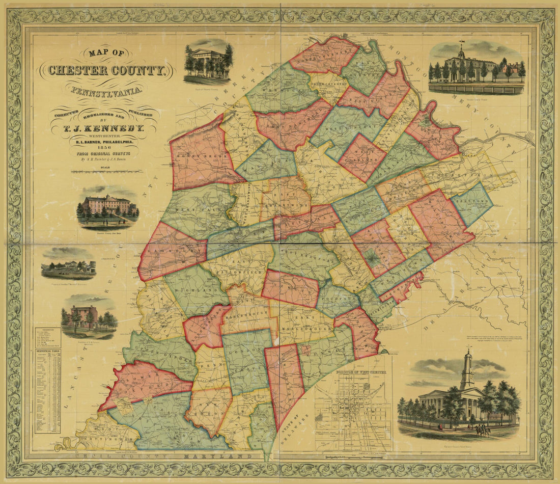 This old map of Map of Chester County, Pennsylvania from 1856 was created by Rufus L. Barnes, John S. Bowen, T. J. Kennedy, Samuel Marshall Painter in 1856