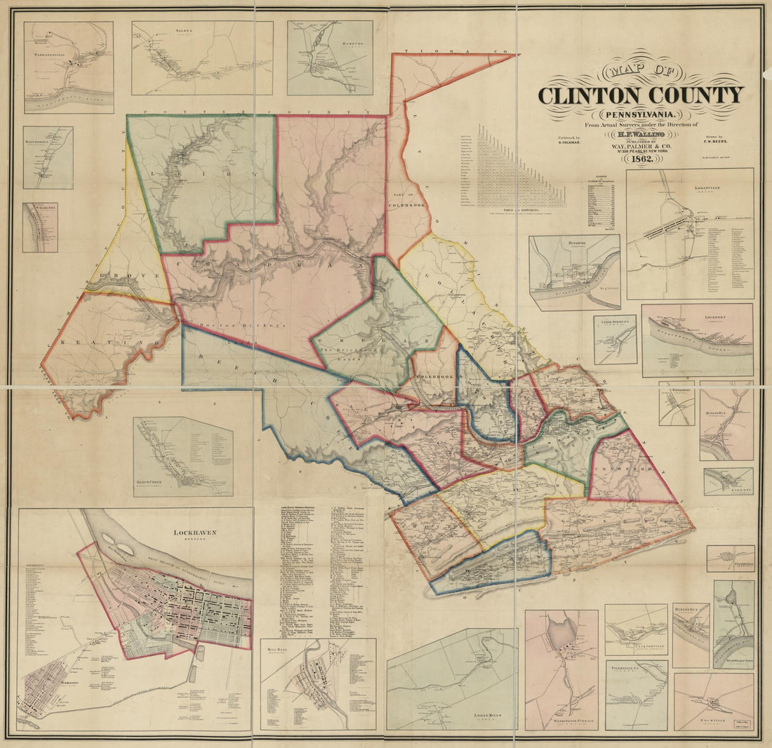 This old map of Map of Clinton County, Pennsylvania : from Actual Surveys from 1862 was created by F. W. (Frederick W.) Beers, K. Volkmar, Henry Francis Walling, Palmer & Co Way in 1862