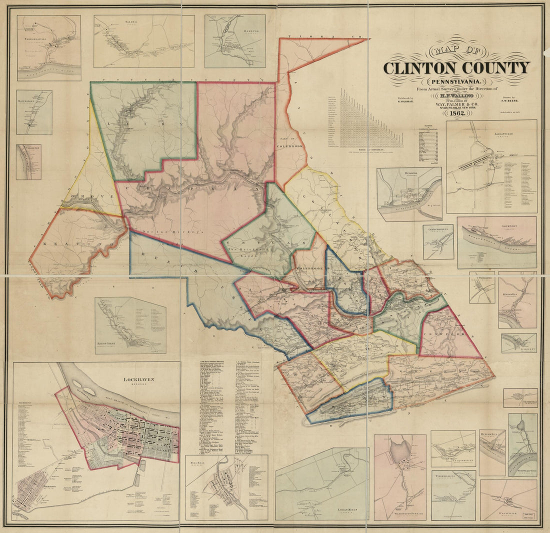 This old map of Map of Clinton County, Pennsylvania : from Actual Surveys from 1862 was created by F. W. (Frederick W.) Beers, K. Volkmar, Henry Francis Walling, Palmer &amp; Co Way in 1862