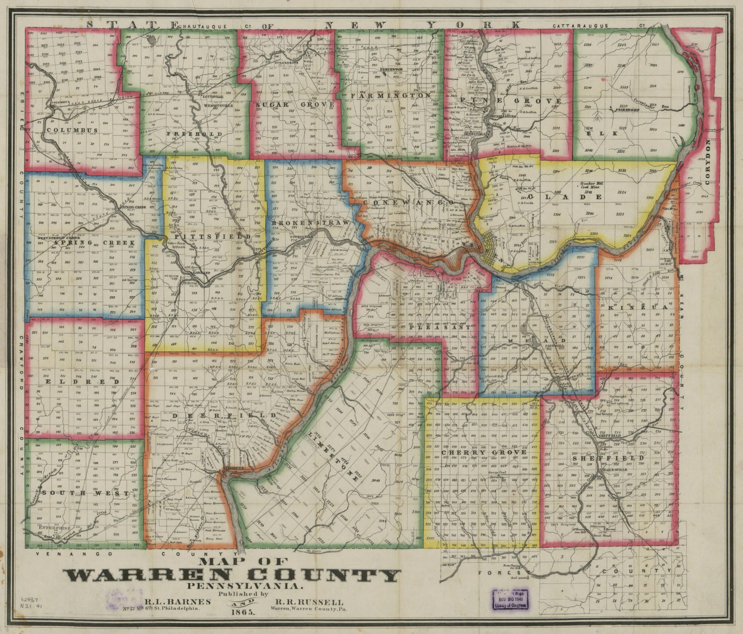 This old map of Map of Warren County, Pennsylvania from 1865 was created by Rufus L. Barnes, R. R. Russell in 1865