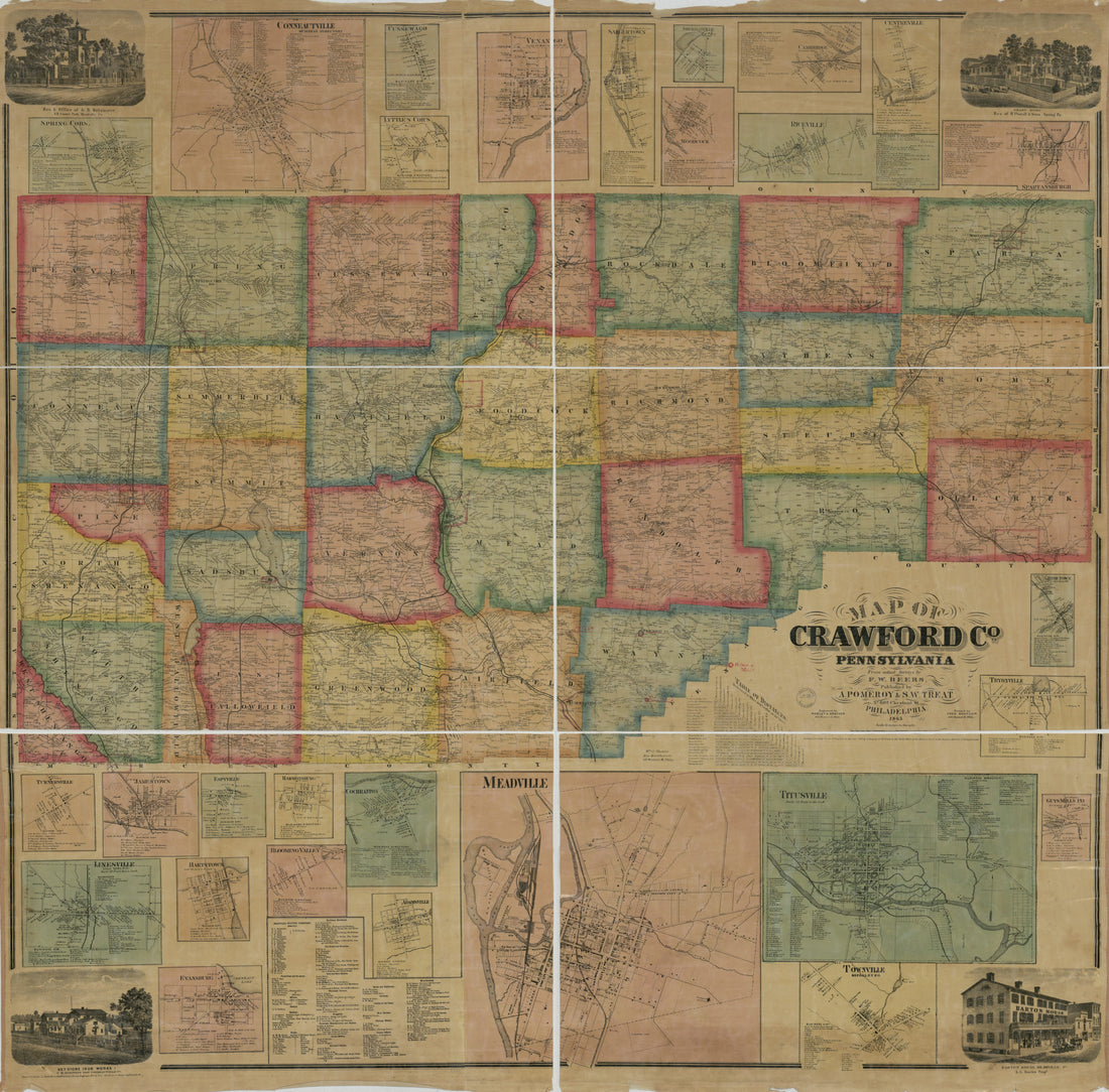 This old map of Map of Crawford Co., Pennsylvania : from Actual Surveys from 1865 was created by  A. Pomeroy & S.W. Treat, F. W. (Frederick W.) Beers, F. (Frederick) Bourquin, William Otis Shearer,  Worley & Bracher in 1865