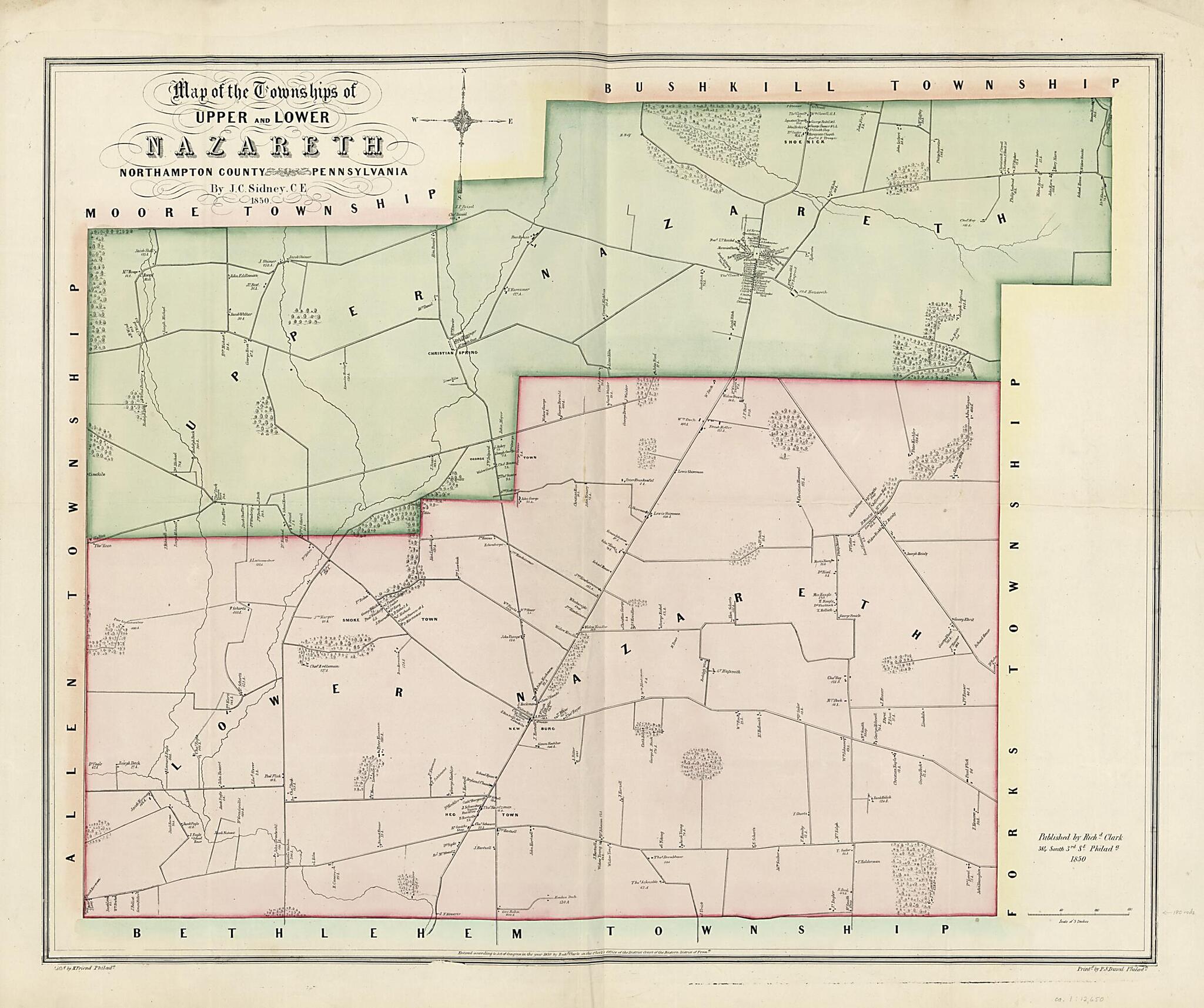 This old map of Map of the Townships of Upper and Lower Nazareth, Northampton County, Pennsylvania from 1850 was created by Richard Clark, Norman M. Friend, J. C. (James C.) Sidney in 1850