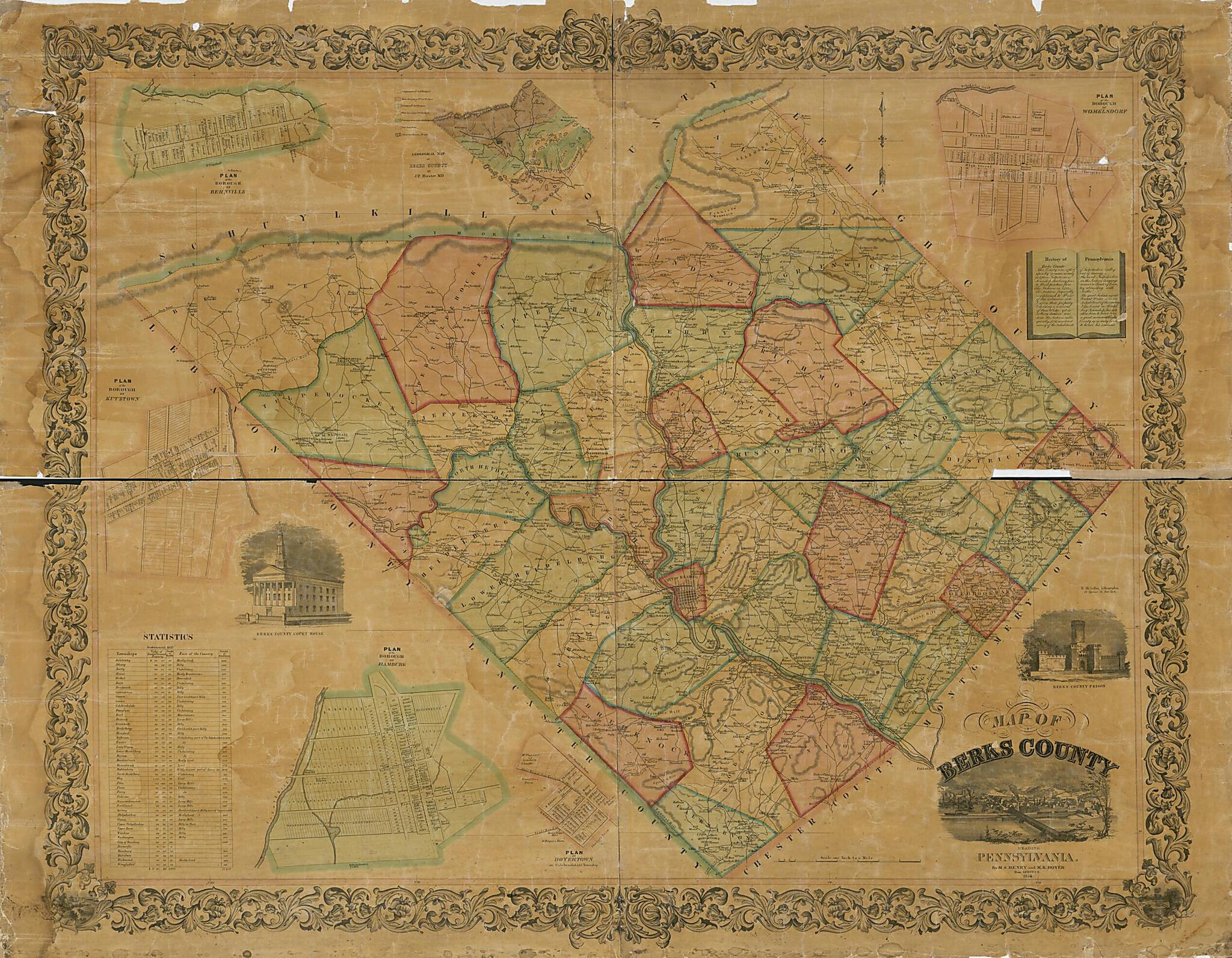 This old map of Map of Berks County, Pennsylvania : from Surveys from 1854 was created by M. K. Boyer, M. S. Henry, David McLellan in 1854