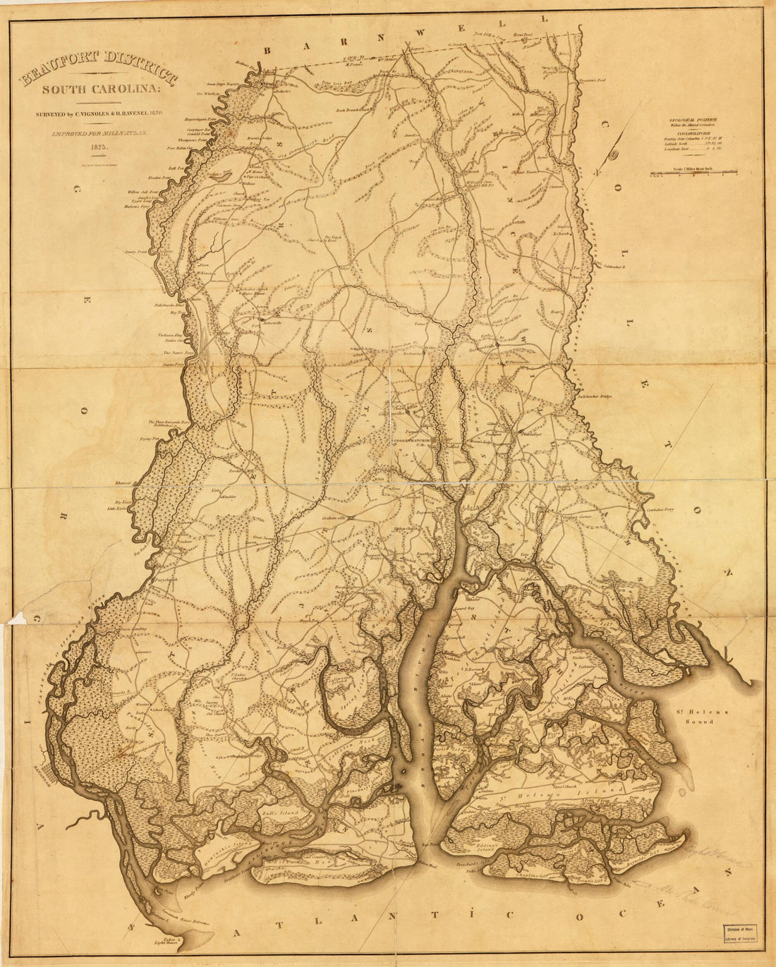 This old map of Beaufort District, South Carolina from 1825 was created by Robert Mills, Henry Ravenel, Henry Schenck Tanner, Charles Blacker Vignoles in 1825