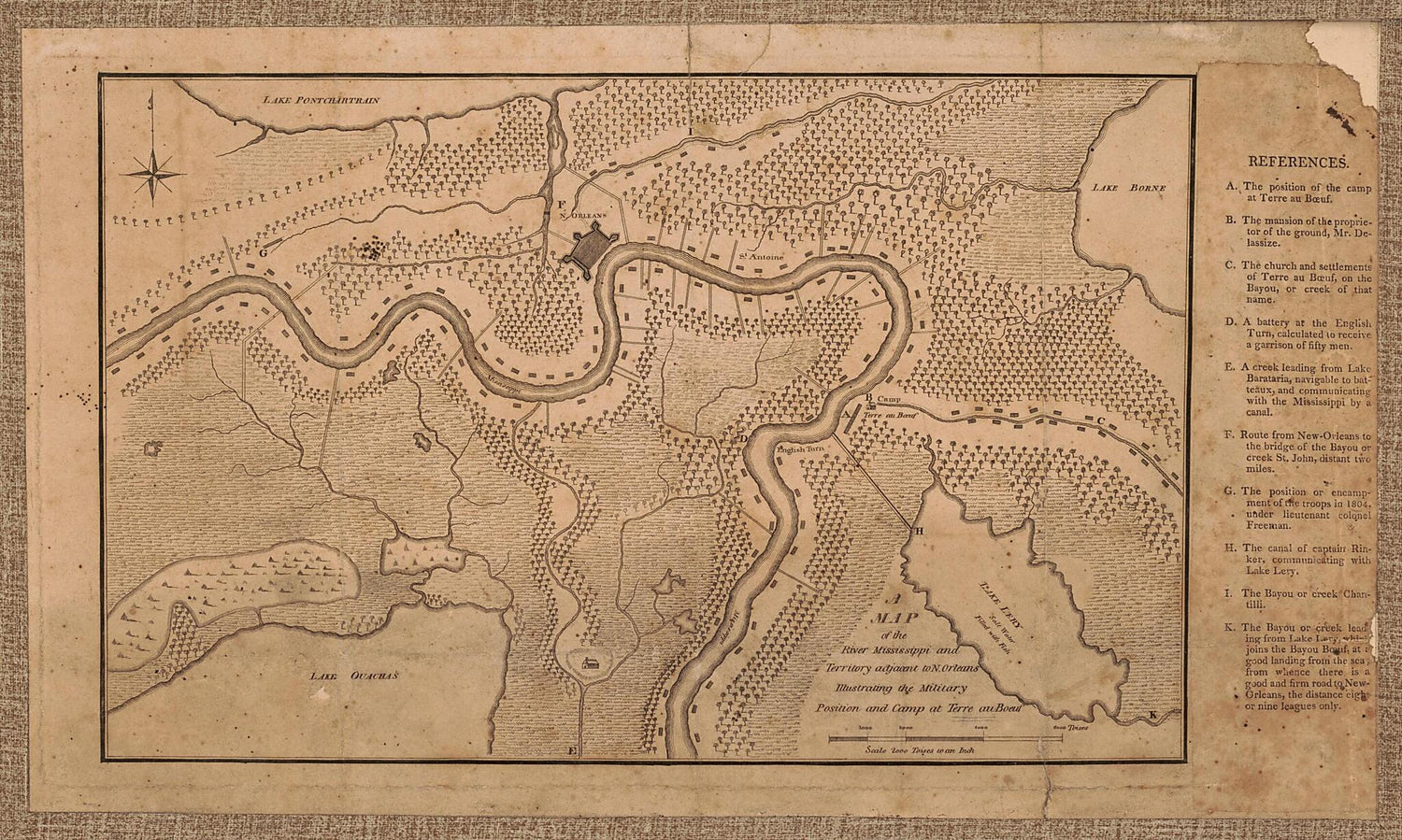 This old map of A Map of the River Mississippi and Territory Adjacent to N. Orleans Illustrating the Military Position and Camp at Terre Au Boeuf from 1815 was created by  in 1815