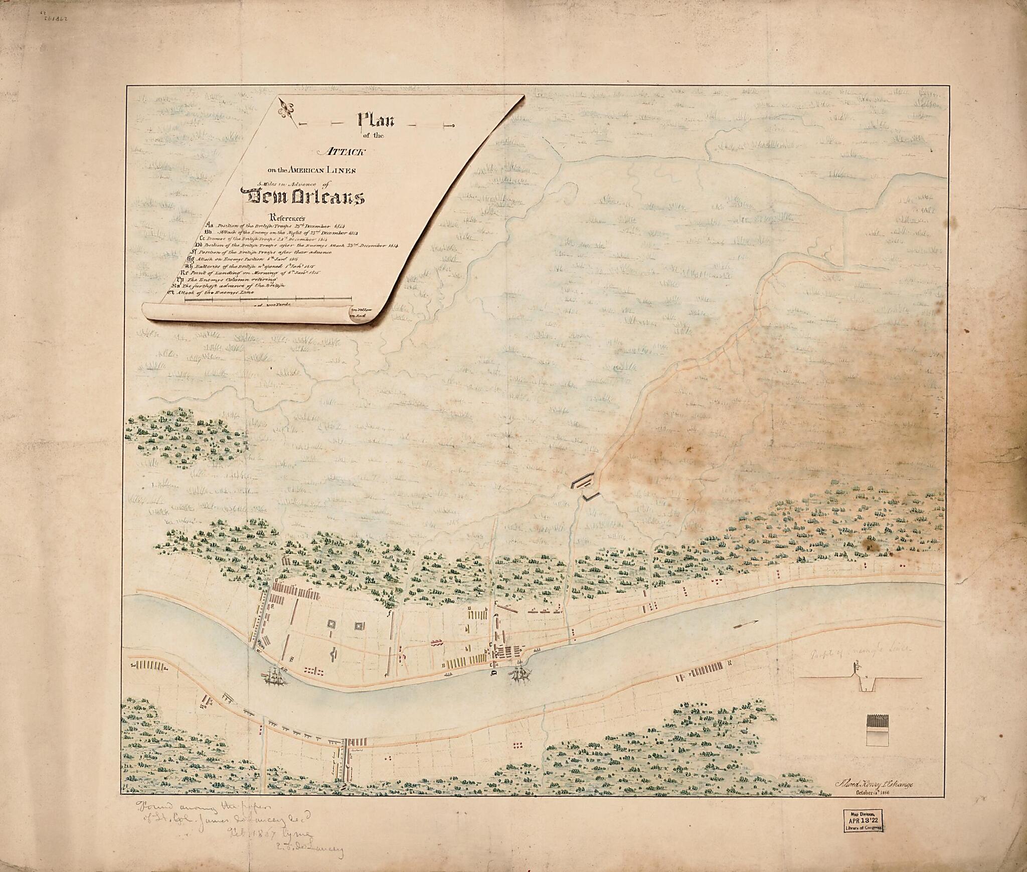 This old map of Plan of the Attack On the American Lines 5 Miles In Advance of New Orleans from 1816 was created by Alured Henry L&