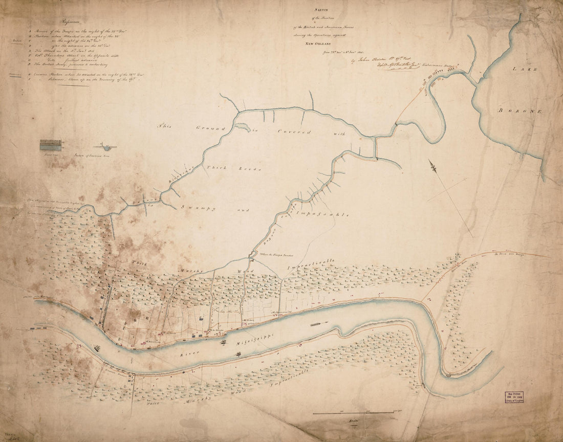 This old map of Sketch of the Position of the British and American Forces During the Operations Against New Orleans from 23rd Decr. to 8th Jany. from 1815 was created by John Peddie in 1815