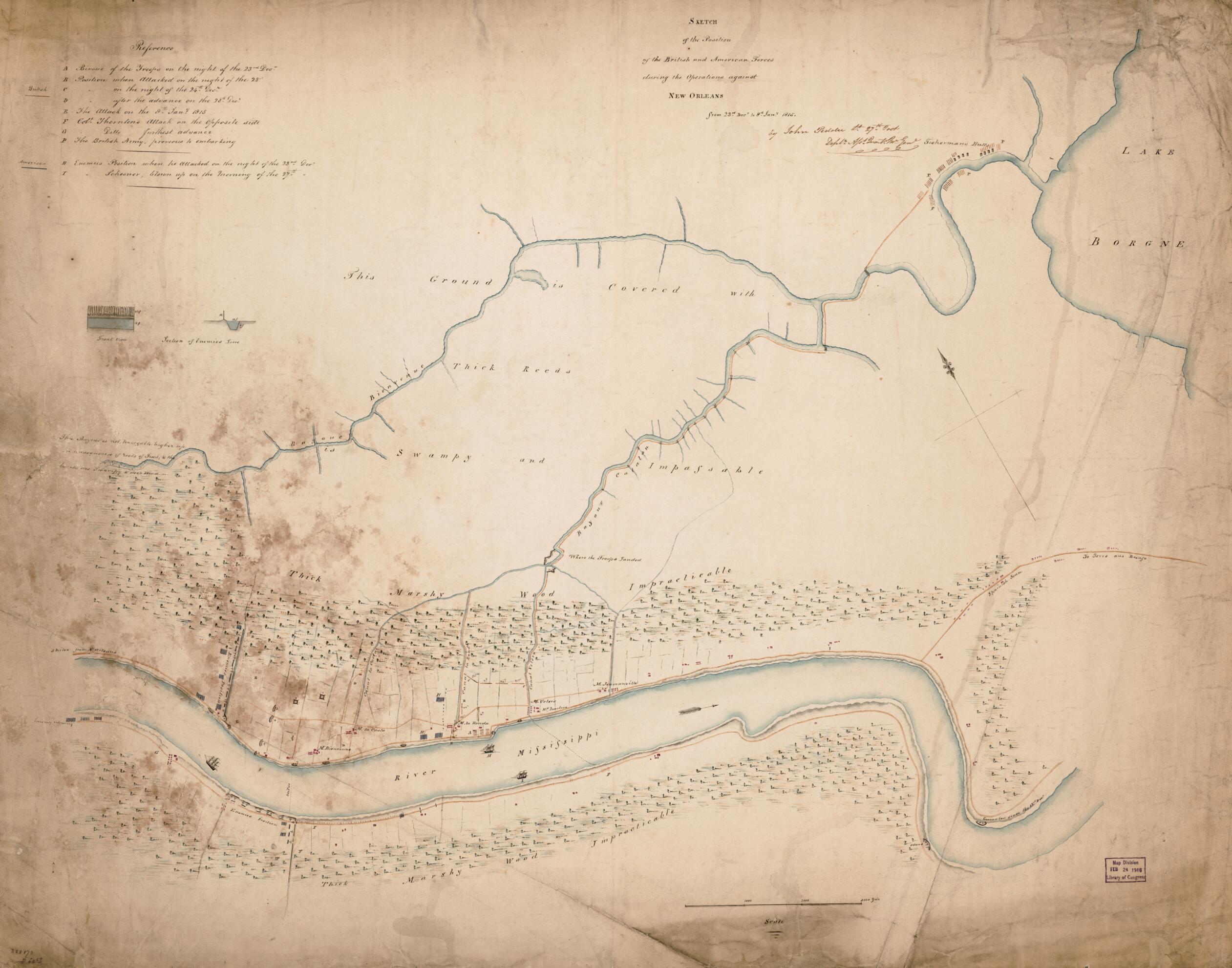 This old map of Sketch of the Position of the British and American Forces During the Operations Against New Orleans from 23rd Decr. to 8th Jany. from 1815 was created by John Peddie in 1815