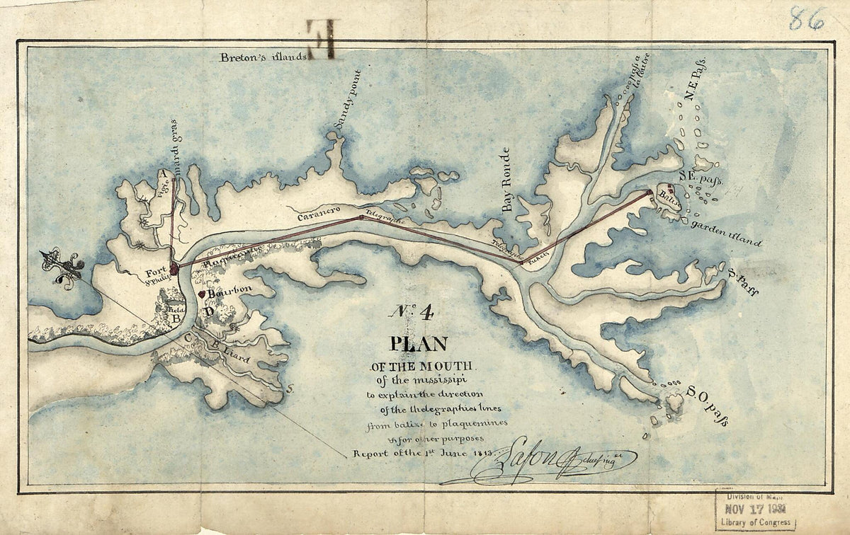 Plan of the Mouth of the Mississipi to Explain the Direction of the Thelegraphies Lines from Balize to Plaquemines &amp; for Other Puposes : No. 4, Report of the 1st June 1813 by Relic Map Company