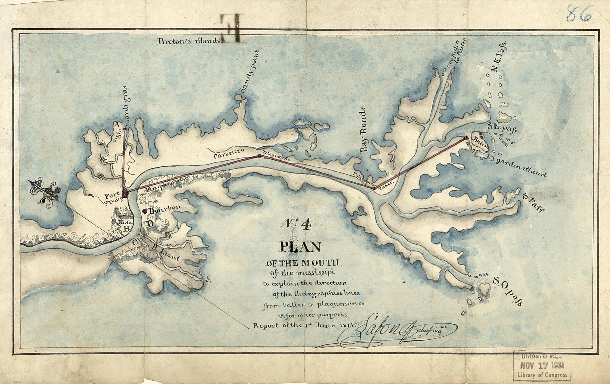 This old map of Plan of the Mouth of the Mississipi to Explain the Direction of the Thelegraphies Lines from Balize to Plaquemines &amp; for Other Puposes : No. 4, Report of the 1st June from 1813 was created by Barthélémy Lafon,  United States. War Depart