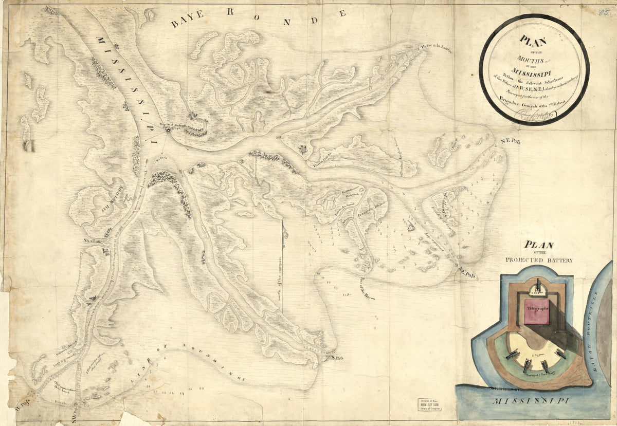Plan of the Mouths of the Mississipi to Shew the Different Situations of the Passes of S.W, S.E., N.E., Latoutre &amp; Their Soudings 1813 by Relic Map Company
