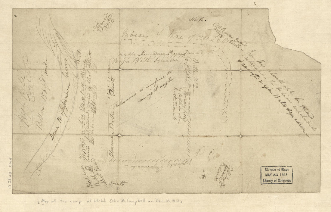 This old map of Map of the Camp of Lt. Col. John R. Campbell On the Bank of the Mississinewa River, December 18, from 1812 With Details of Attack b was created by  in 1812