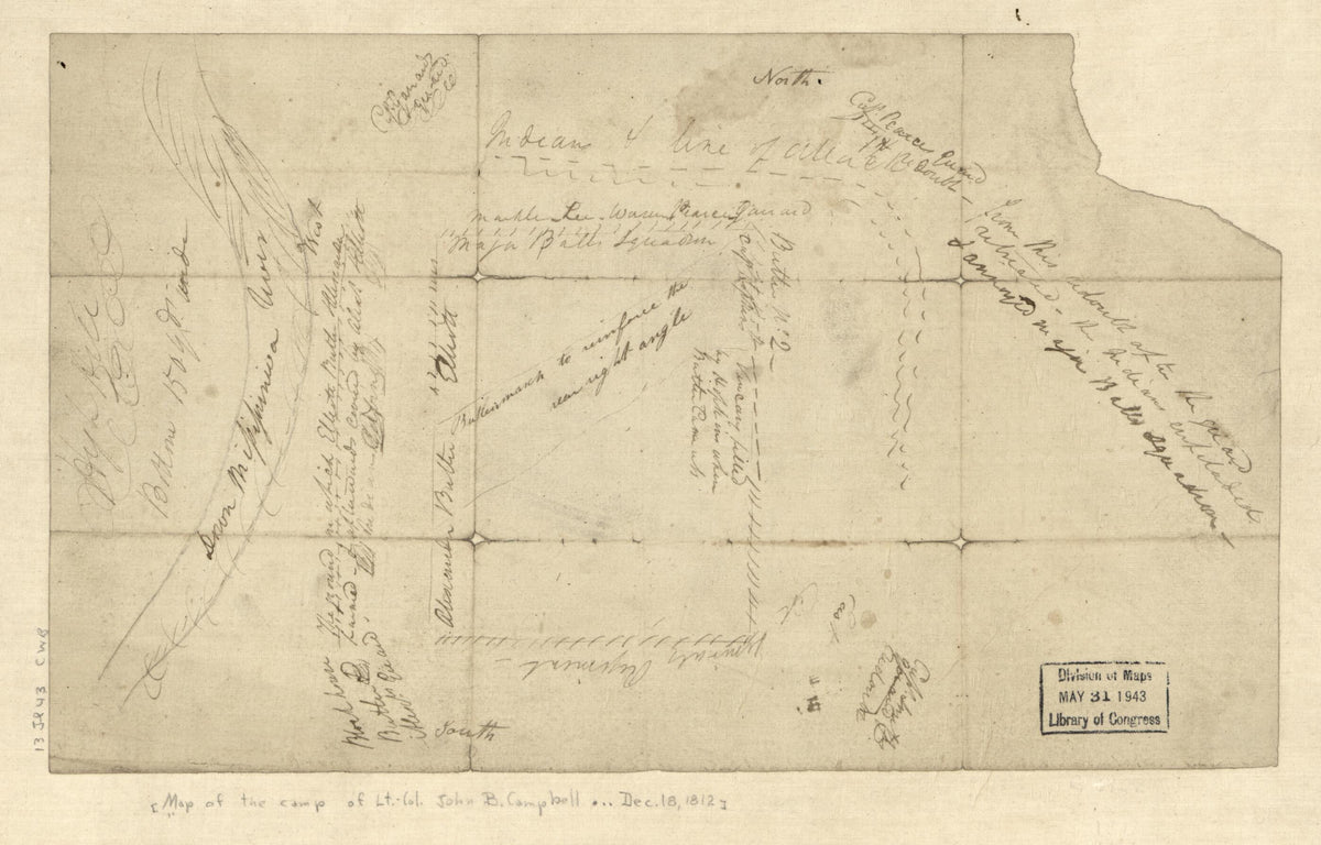 Map of the Camp of Lt. Col. John R. Campbell On the Bank of the Mississinewa River, December 18, 1812 With Details of Attack by Indians. by Relic Map Company