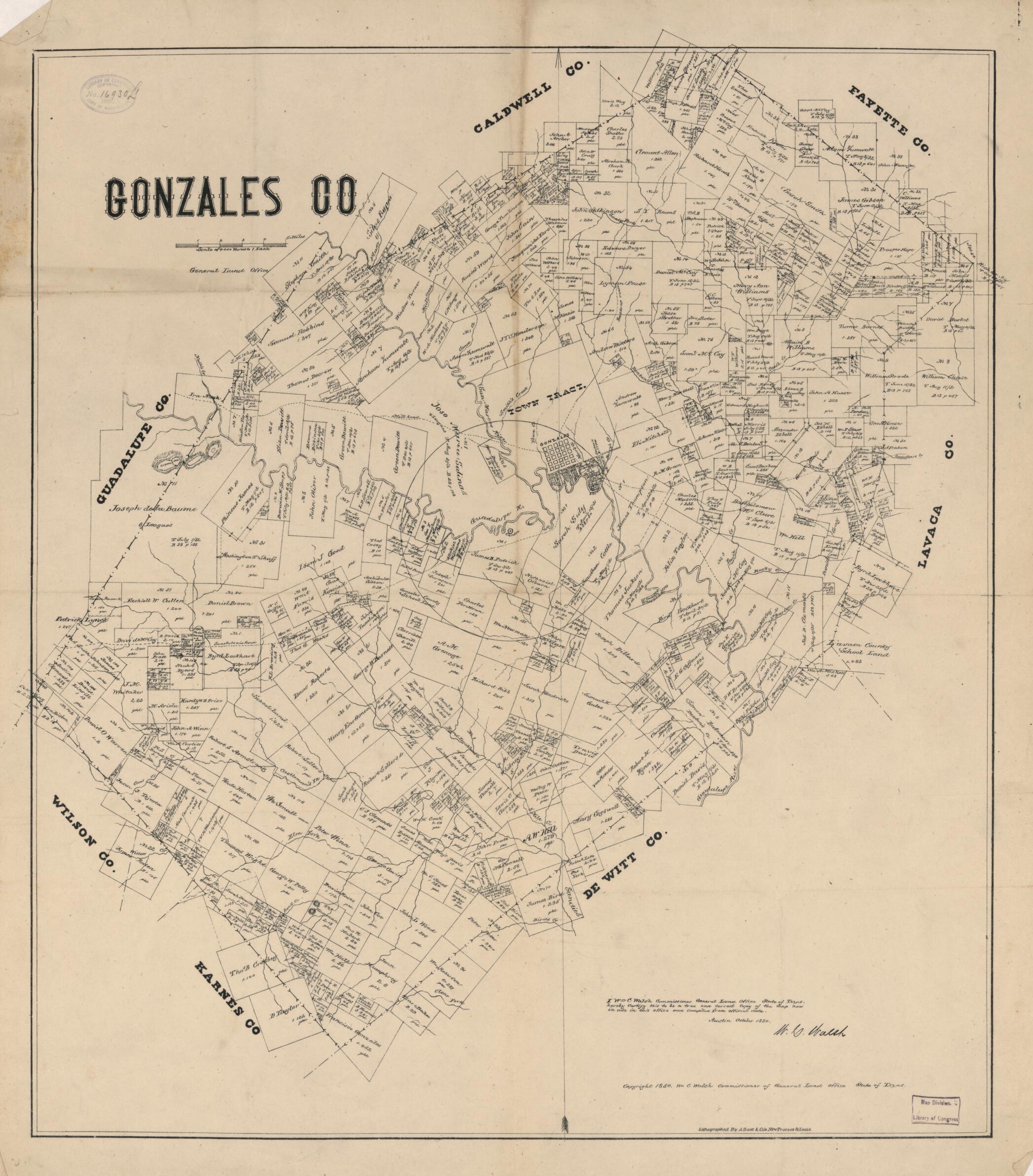 This old map of Gonzales Co. (Gonzales County, Texas) from 1880 was created by  August Gast &amp; Co,  Texas. General Land Office, W. C. (William C.) Walsh in 1880