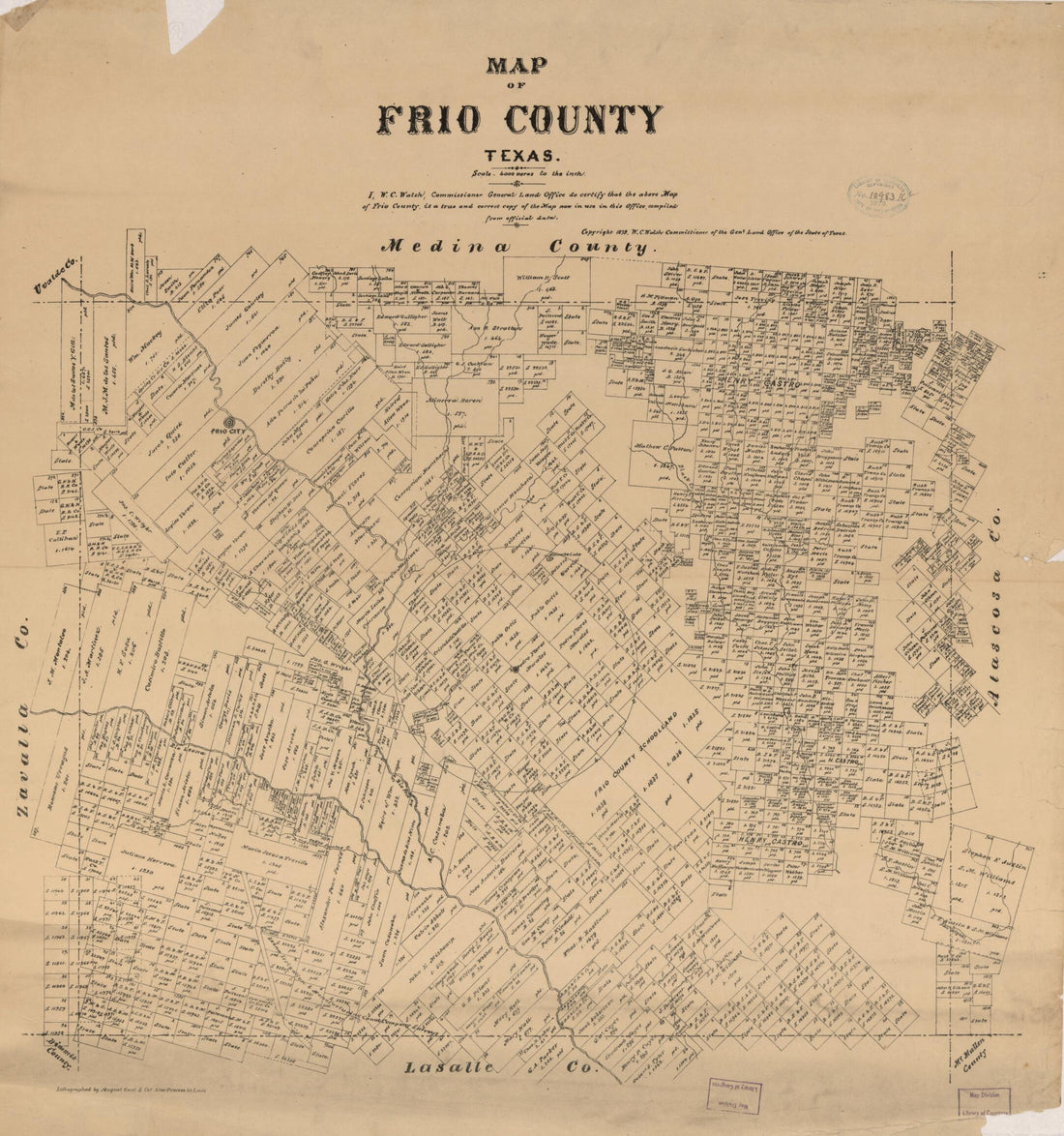 This old map of Map of Frio County, Texas from 1879 was created by  August Gast &amp; Co,  Texas. General Land Office, W. C. (William C.) Walsh in 1879