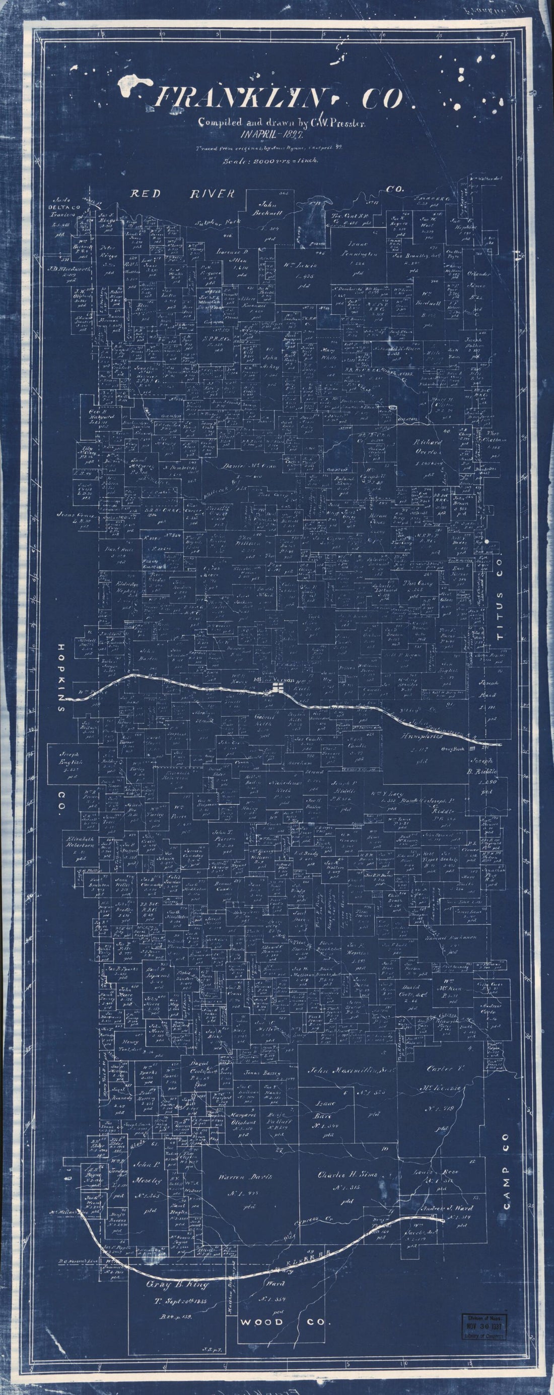 This old map of Franklin Co. (Franklin County, Texas) from 1897 was created by Chas. W. Pressler in 1897