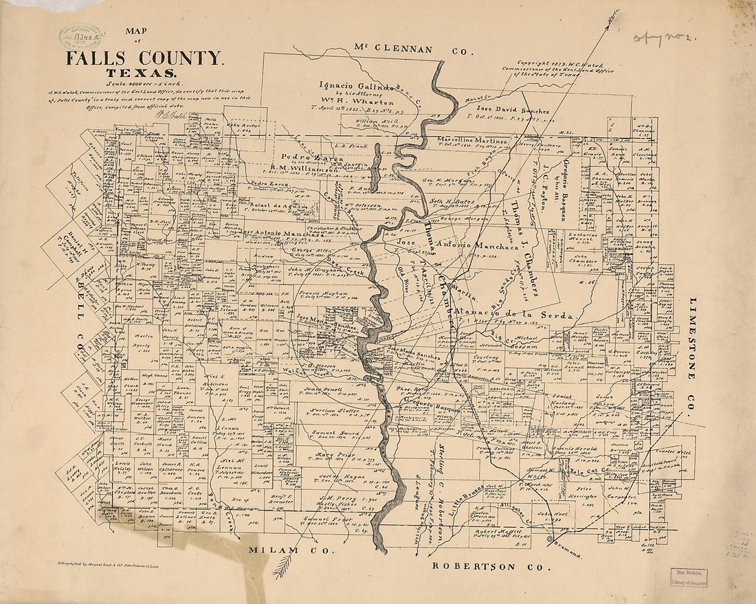 This old map of Map of Falls County, Texas from 1879 was created by  August Gast &amp; Co,  Texas. General Land Office, W. C. (William C.) Walsh in 1879
