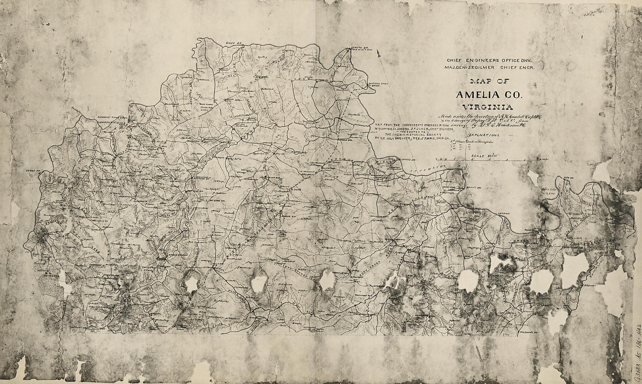 This old map of Map of Amelia County, Virginia (Map of Amelia County, Virginia, Chief Engineers Office, DNV., Maj. Genl. J.F. Gilmer, Chief Engr) from 1860 was created by Albert H. (Albert Henry) Campbell,  Confederate States of America. Army. Department