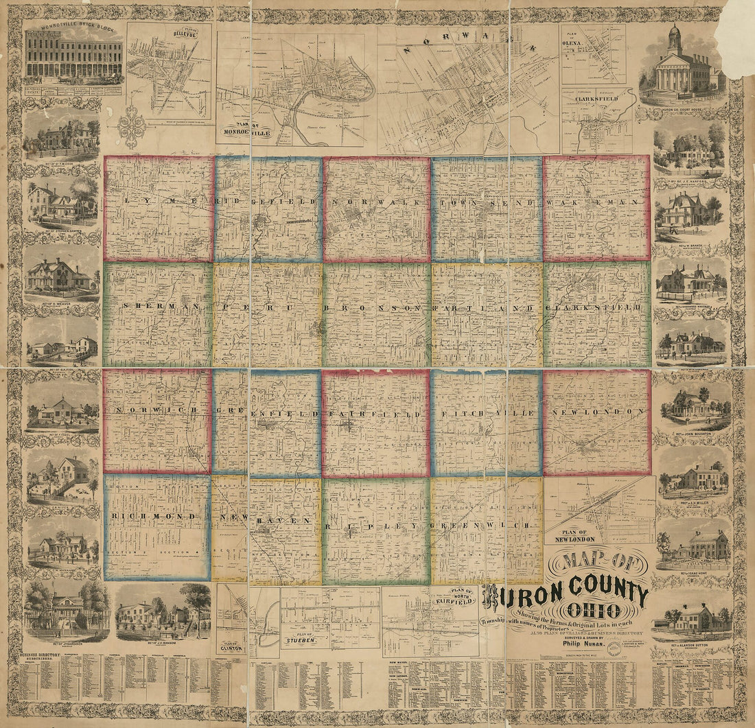 This old map of Map of Huron County, Ohio : Showing the Farms &amp; Original Lots In Each Township With Names of Proprietors, Also Plans of Villages &amp; Business Directory from 1859 was created by Philip Nuan in 1859