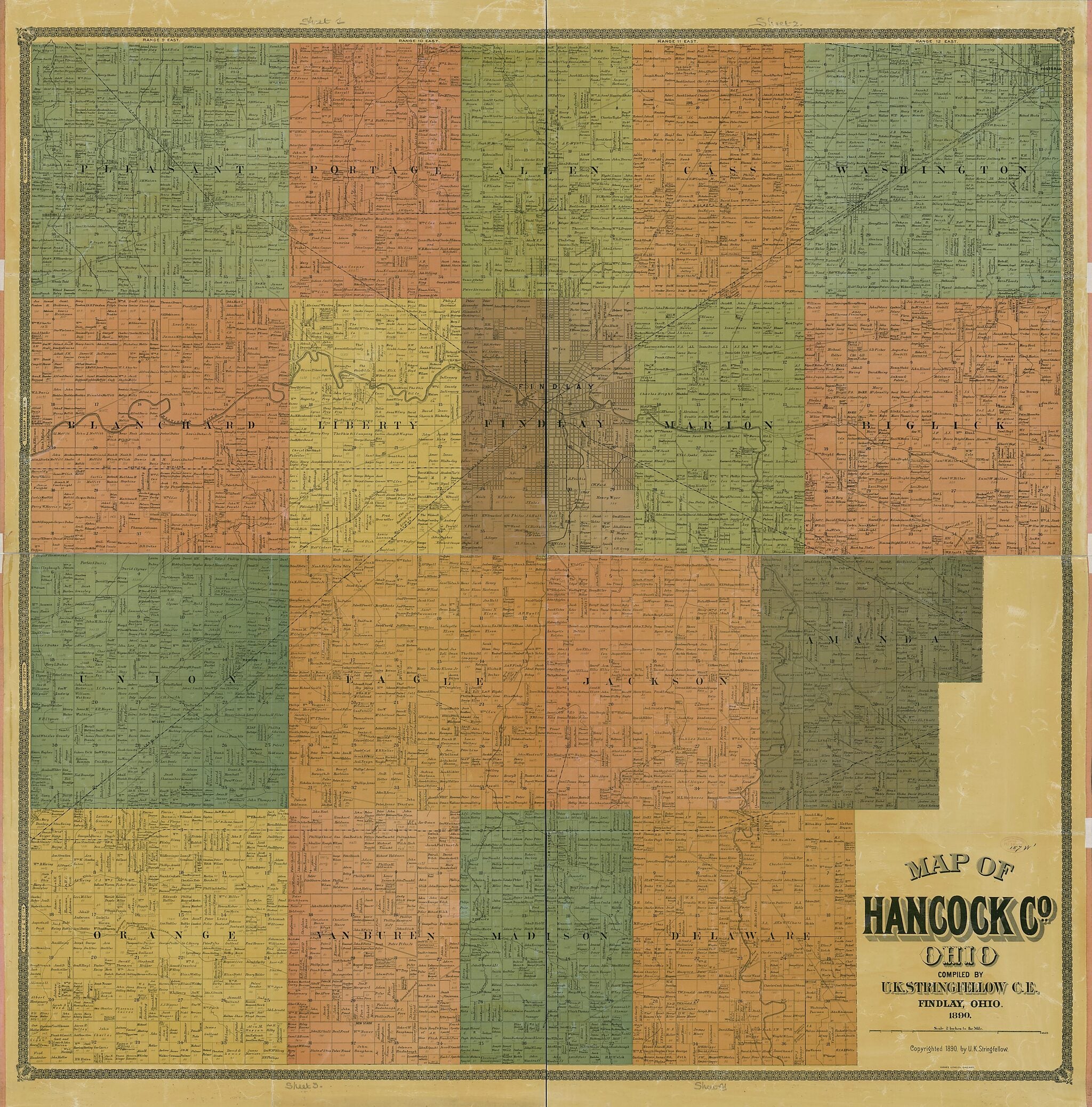 This old map of Map of Hancock County, Ohio from 1890 was created by U. K. Stringfellow in 1890