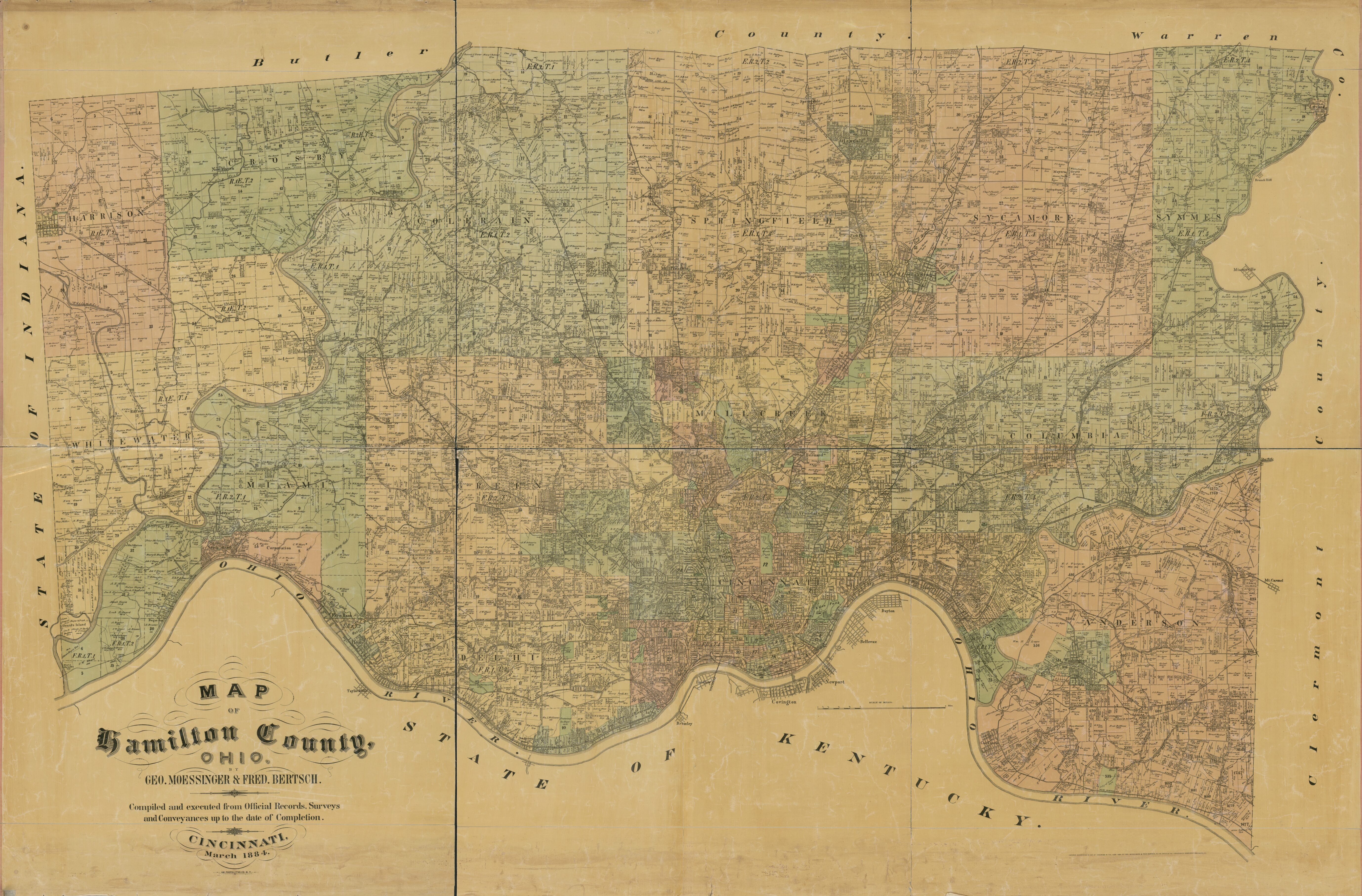 This old map of Map of Hamilton County, Ohio / by Geo. Moessinger &amp; Fred Bertsch ; Compiled and Executed from Official Records Surveys and Conveyances Up to the Date of Completion from 1884 was created by Fred Bertsch, Geo Moessinger in 1884