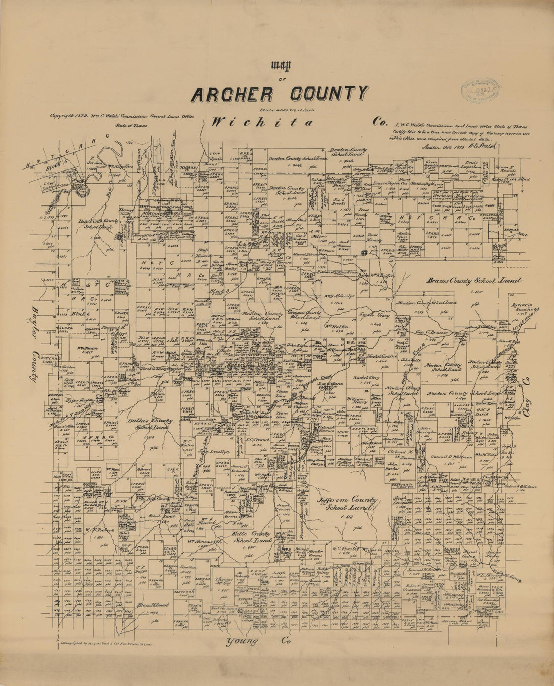 This old map of Map of Archer County from 1879 was created by  August Gast &amp; Co,  Texas. General Land Office, W. C. (William C.) Walsh in 1879