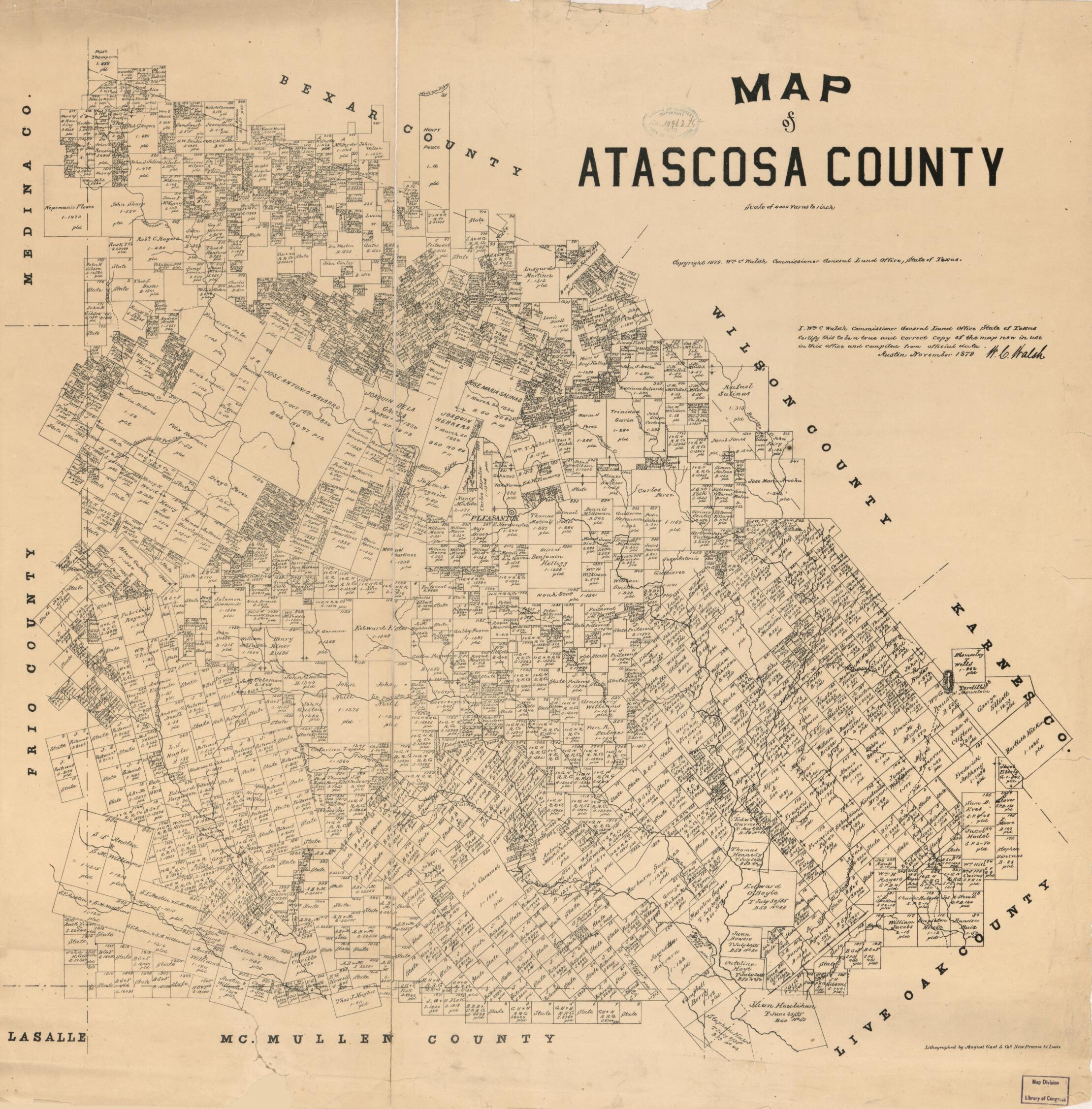 This old map of Map of Atascosa County from 1879 was created by  August Gast &amp; Co,  Texas. General Land Office, W. C. (William C.) Walsh in 1879
