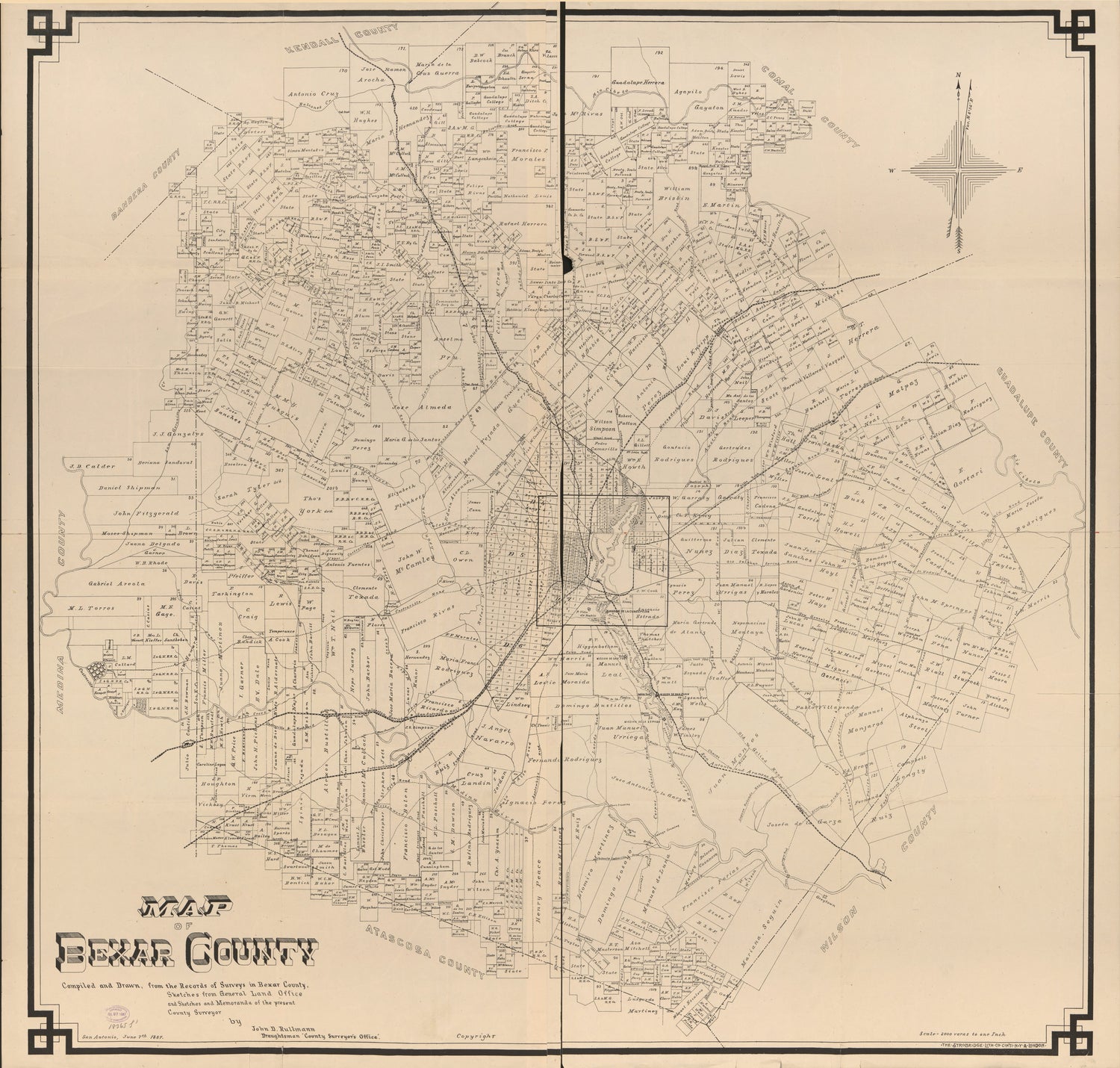 This old map of Map of Bexar County from 1887 was created by John D. Rullmann,  Texas. General Land Office in 1887