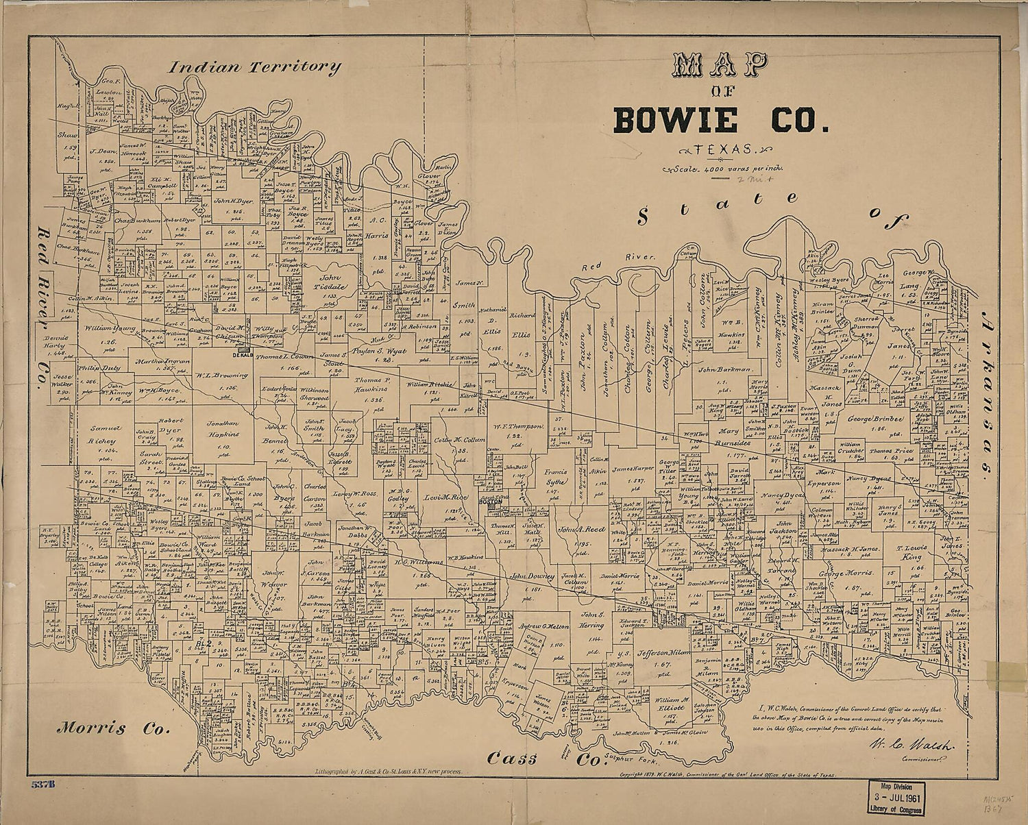 This old map of Map of Bowie County, Texas from 1879 was created by  August Gast &amp; Co,  Texas. General Land Office, W. C. (William C.) Walsh in 1879