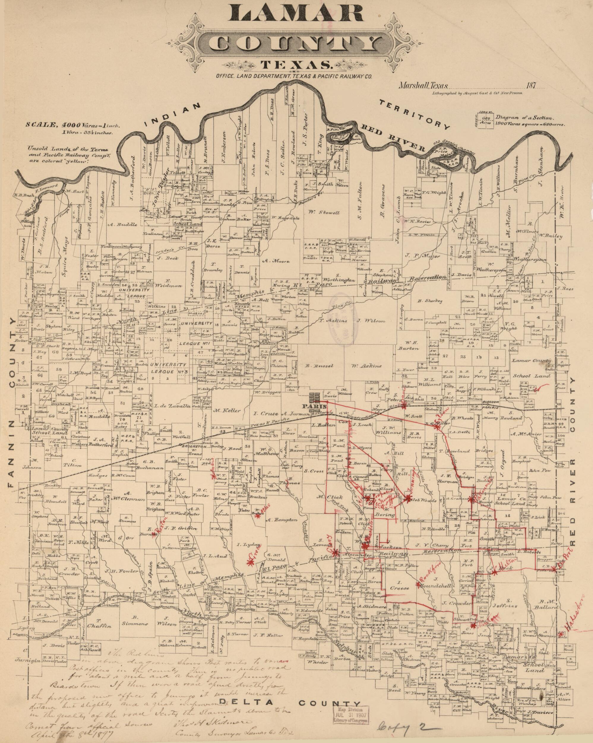 This old map of Lamar County, Texas from 1870 was created by  Texas &amp; Pacific Railway in 1870