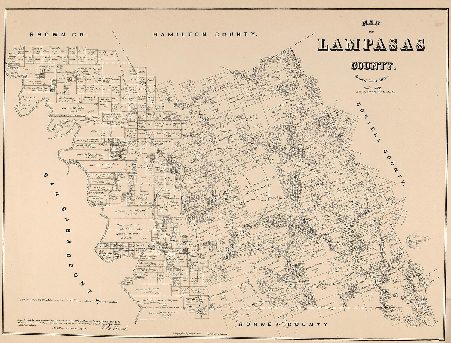 This old map of Map of Lampasas County from 1879 was created by  August Gast &amp; Co,  Texas. General Land Office, W. C. (William C.) Walsh in 1879