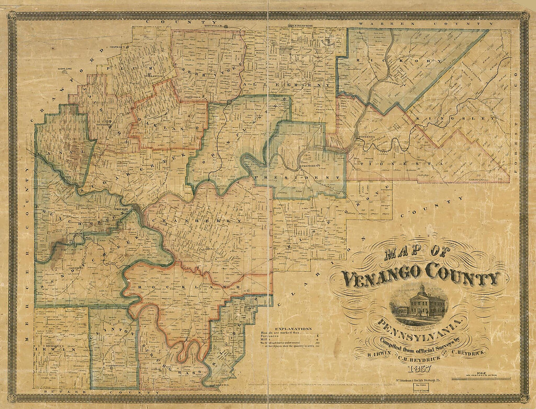 This old map of Map of Venango County, Pennsylvania from 1857 was created by C. Heydrick, C. H. Heydrick, R. Irwin,  Wm. Schuchman &amp; Bro. Lith in 1857