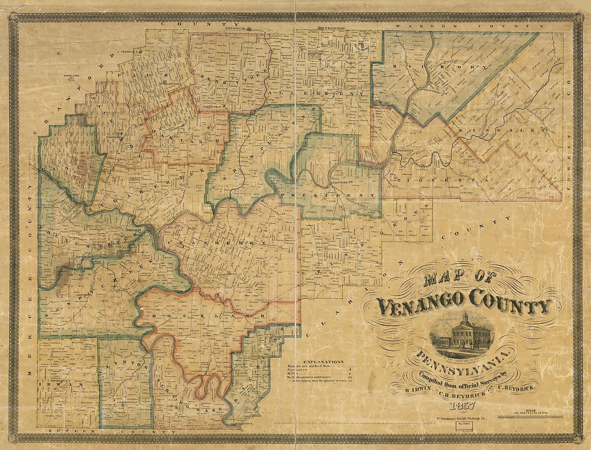 This old map of Map of Venango County, Pennsylvania from 1857 was created by C. Heydrick, C. H. Heydrick, R. Irwin,  Wm. Schuchman &amp; Bro. Lith in 1857