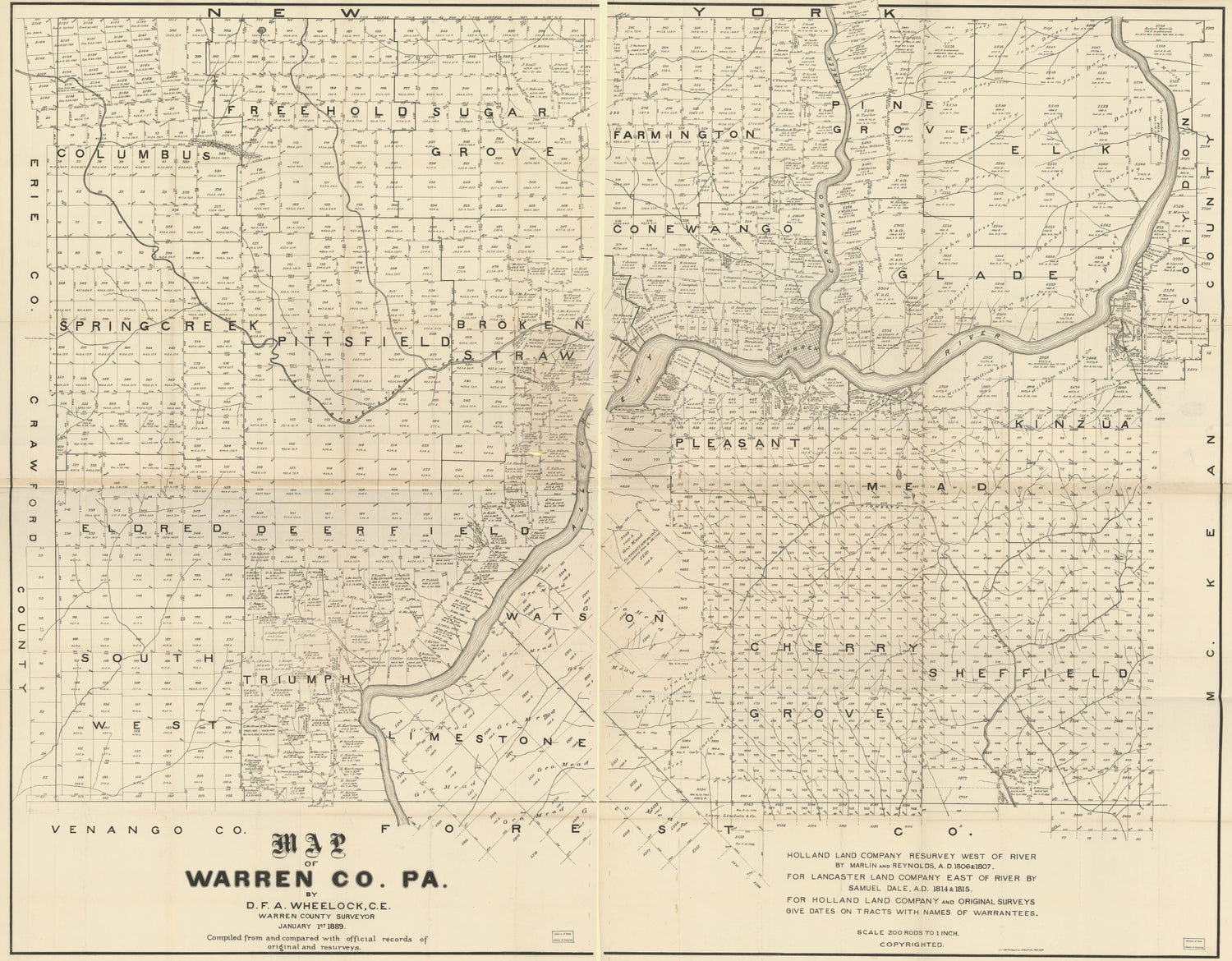 This old map of Map of Warren Co. Pennsylvania from 1889 was created by  Holland Land Company,  Lancaster Land Company, John L. Smith,  Warren County (Pa.). County Surveyor, D. F. A. Wheelock in 1889