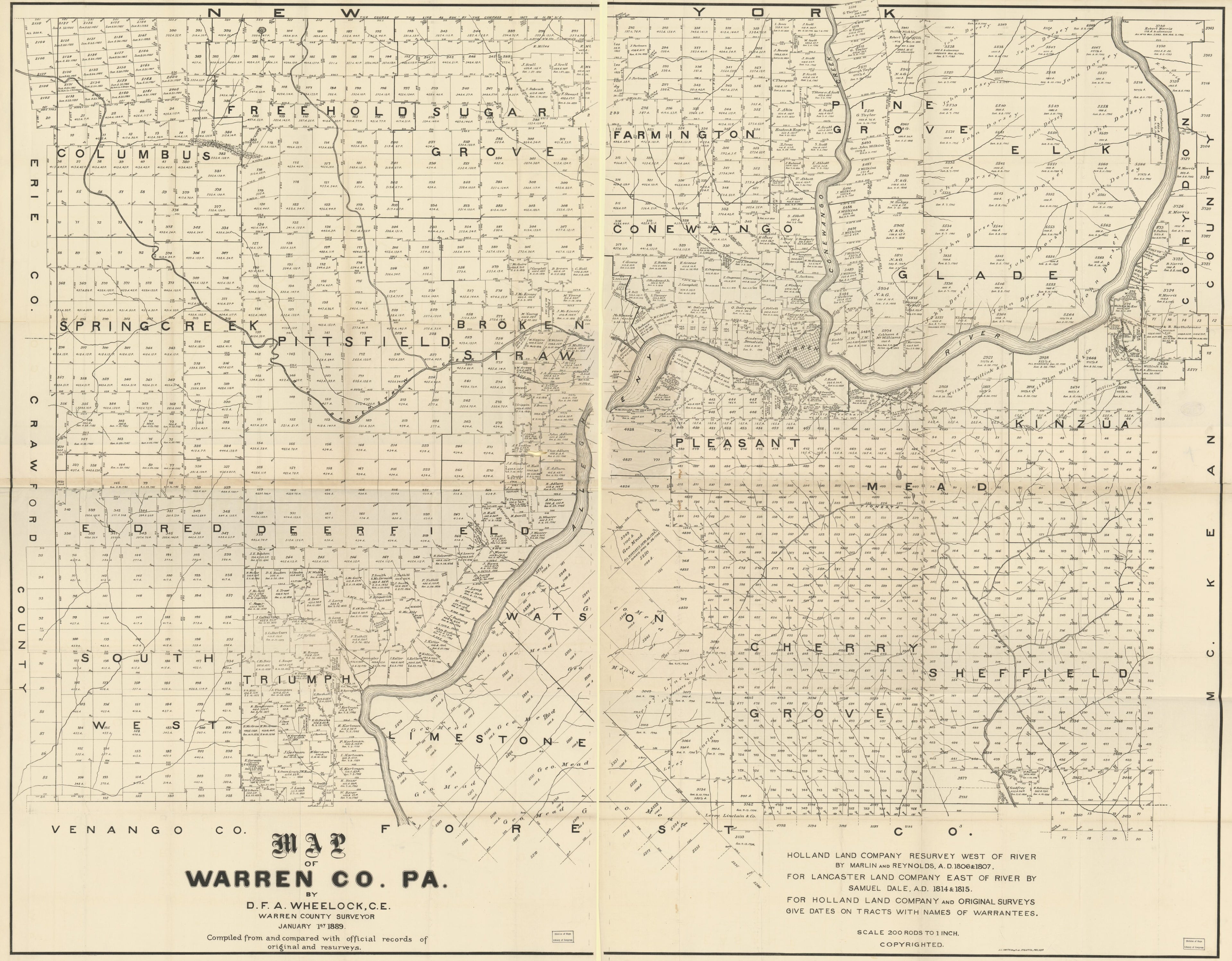 This old map of Map of Warren Co. Pennsylvania from 1889 was created by  Holland Land Company,  Lancaster Land Company, John L. Smith,  Warren County (Pa.). County Surveyor, D. F. A. Wheelock in 1889