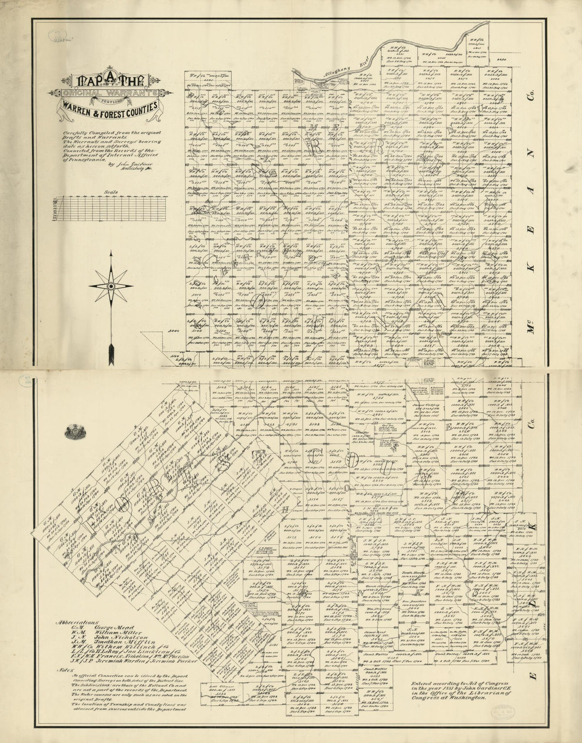 A Map of the Original Warrants of Portions of Warren &amp; Forest Counties : Carefully Compiled from the Original Drafts and Warrants ... of the Department of Internal Affairs of Pennsylvania 1881 by Relic Map Company