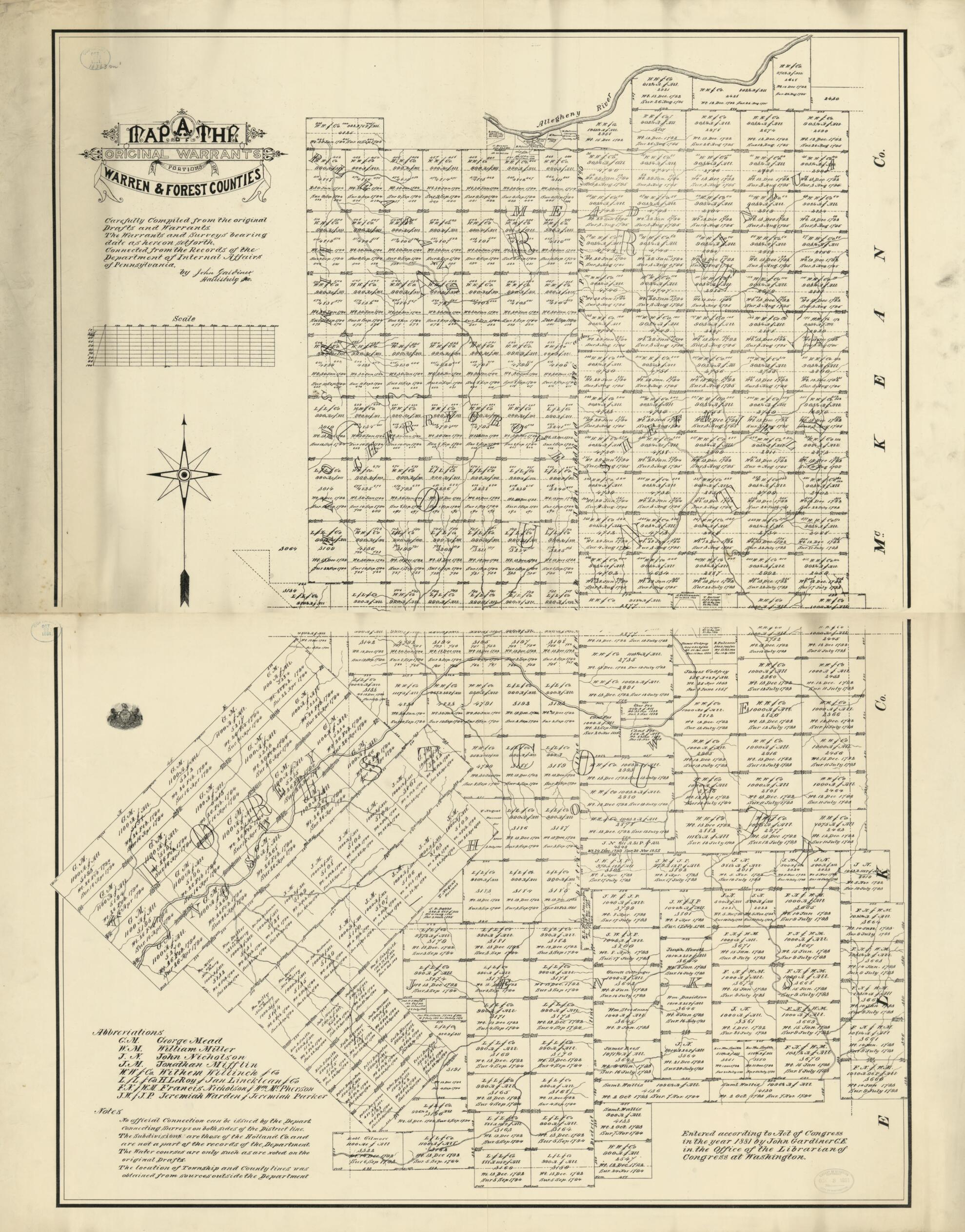 This old map of A Map of the Original Warrants of Portions of Warren &amp; Forest Counties : Carefully Compiled from the Original Drafts and Warrants.. of the Department of Internal Affairs of Pennsylvania from 1881 was created by John Gardiner,  Pennsylvani