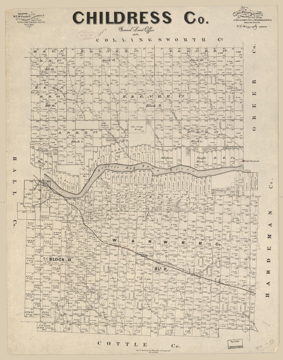 This old map of Childress Co. (Childress County) from 1892 was created by W. L. McGaughey,  Texas. General Land Office in 1892