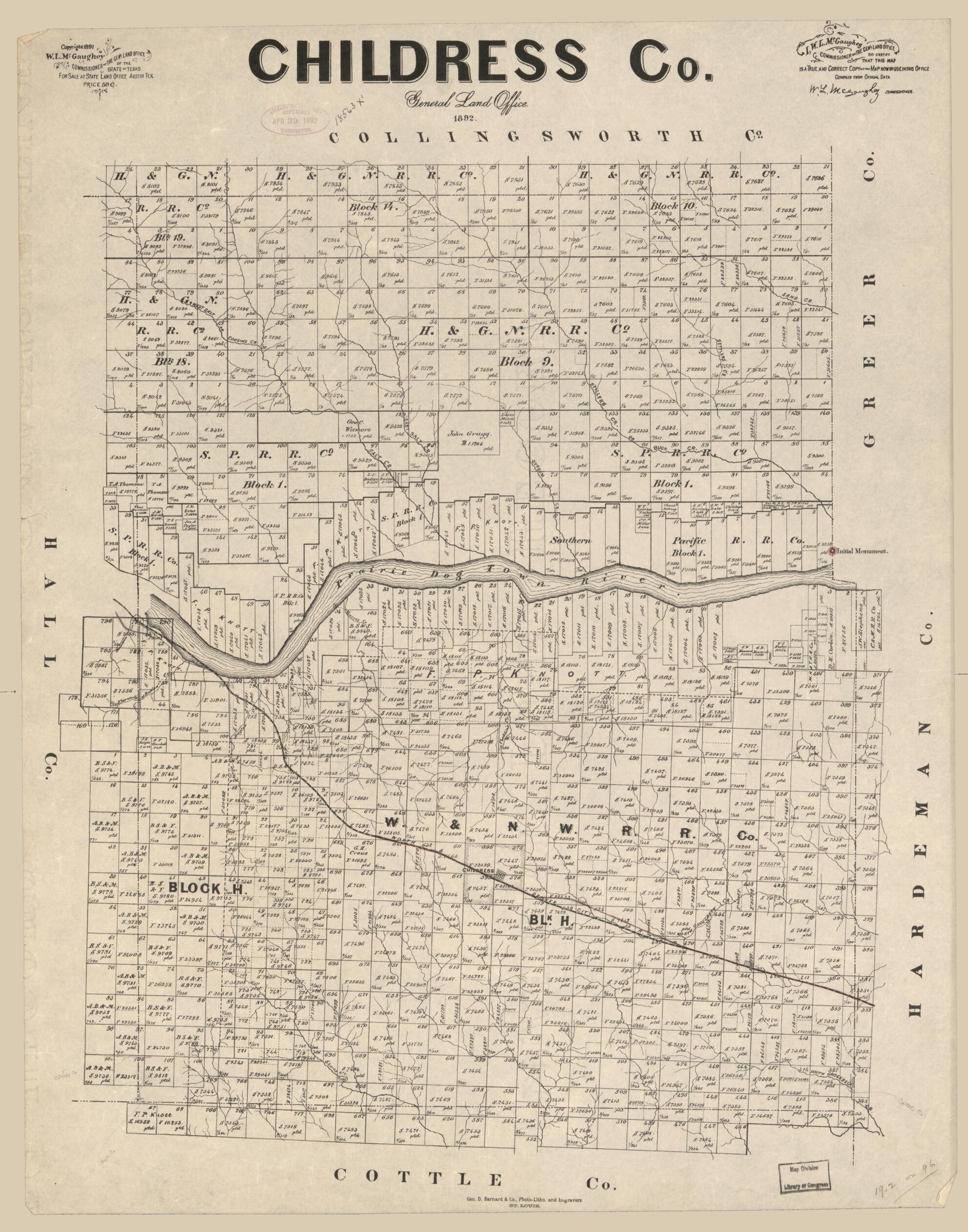 This old map of Childress Co. (Childress County) from 1892 was created by W. L. McGaughey,  Texas. General Land Office in 1892