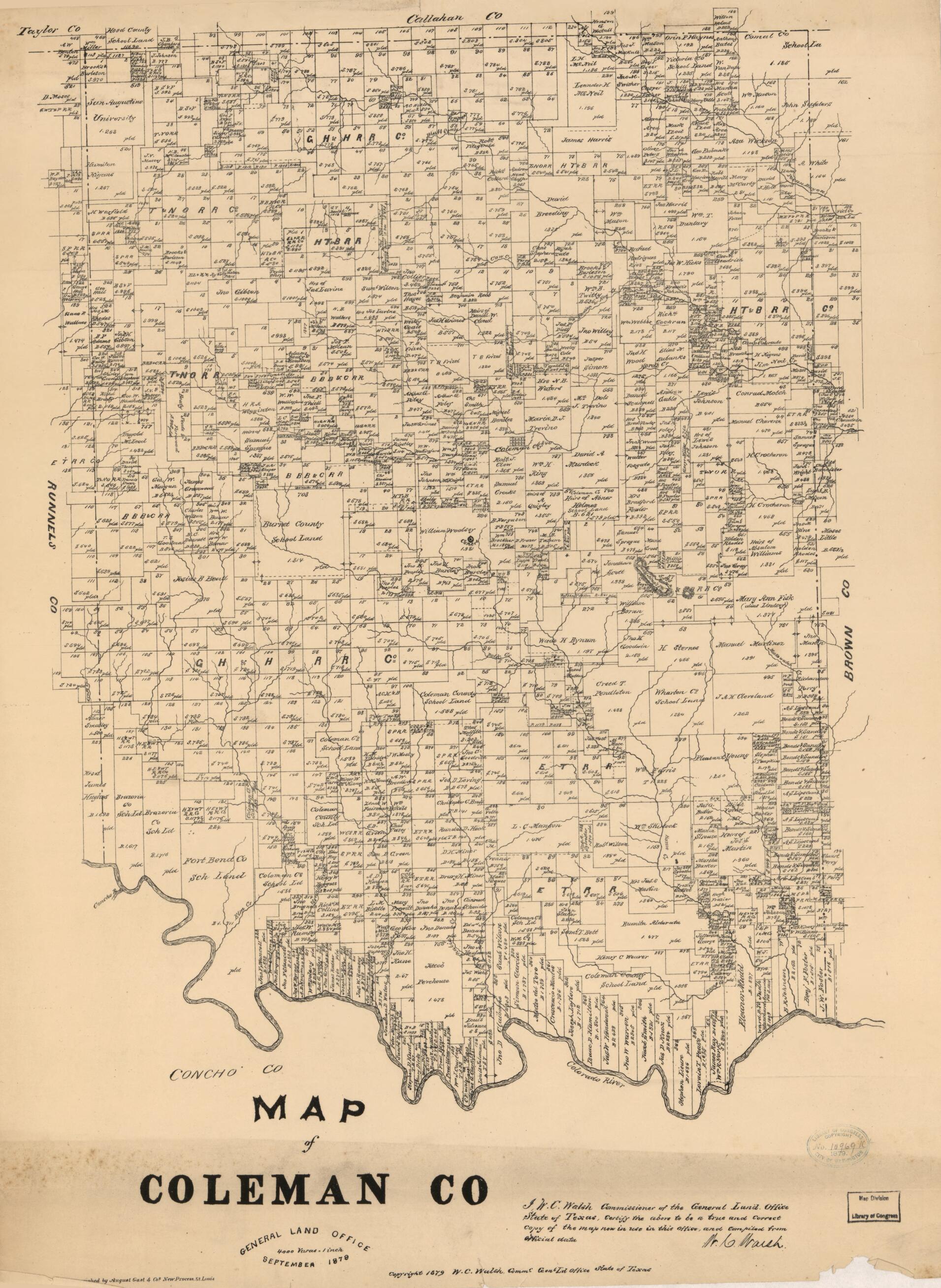 This old map of Map of Coleman Co. (Map of Coleman County) from 1879 was created by  August Gast &amp; Co,  Texas. General Land Office, W. C. (William C.) Walsh in 1879