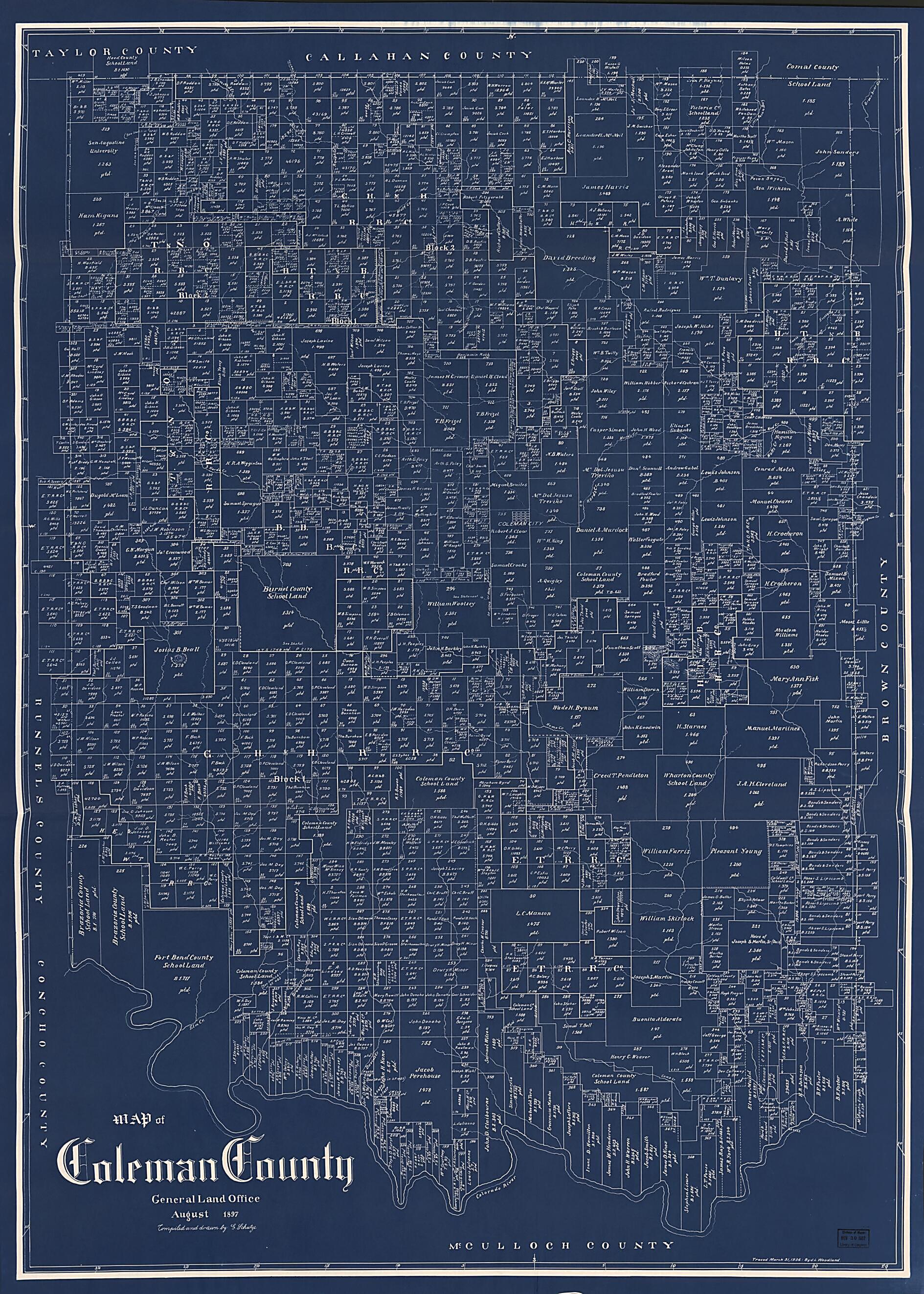 This old map of Map of Coleman County from 1897 was created by E. Schütze,  Texas. General Land Office in 1897