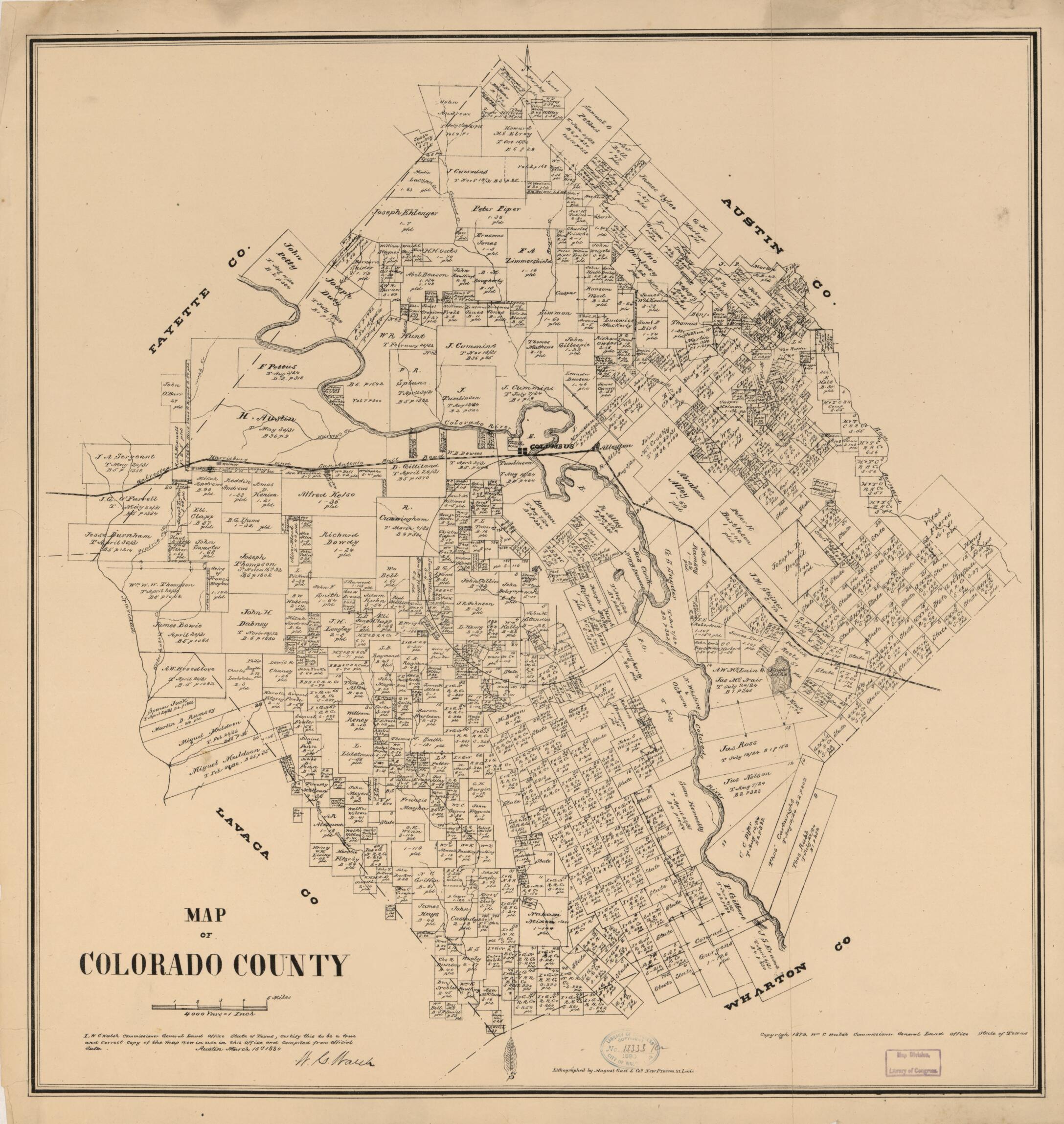 This old map of Map of Colorado County from 1880 was created by  August Gast &amp; Co,  Texas. General Land Office, W. C. (William C.) Walsh in 1880